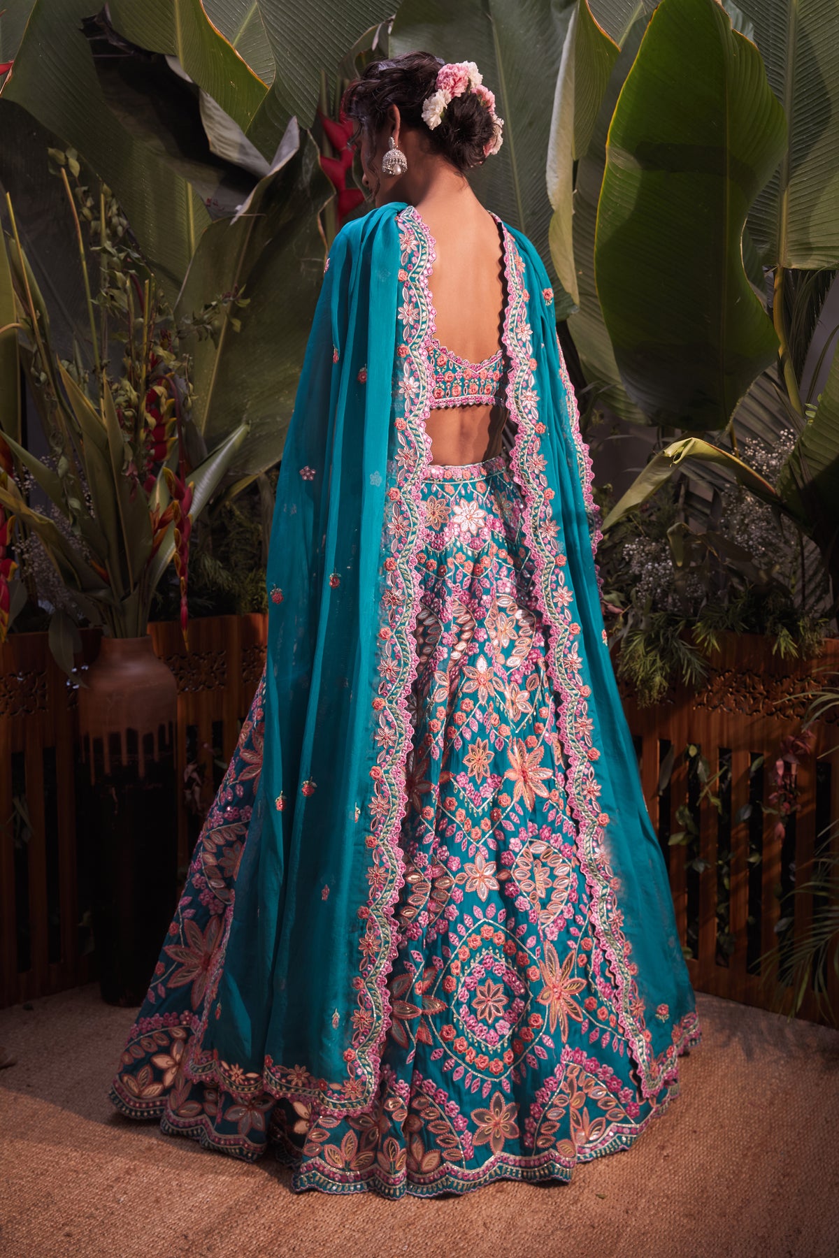 Teal foil applique lehenga set