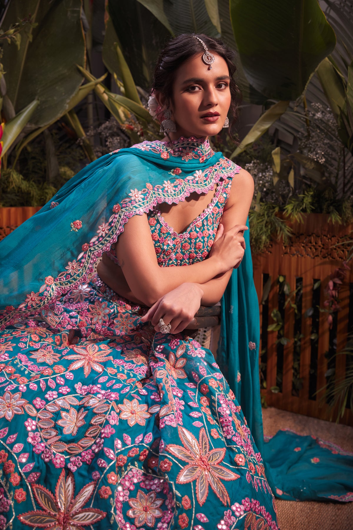 Teal foil applique lehenga set