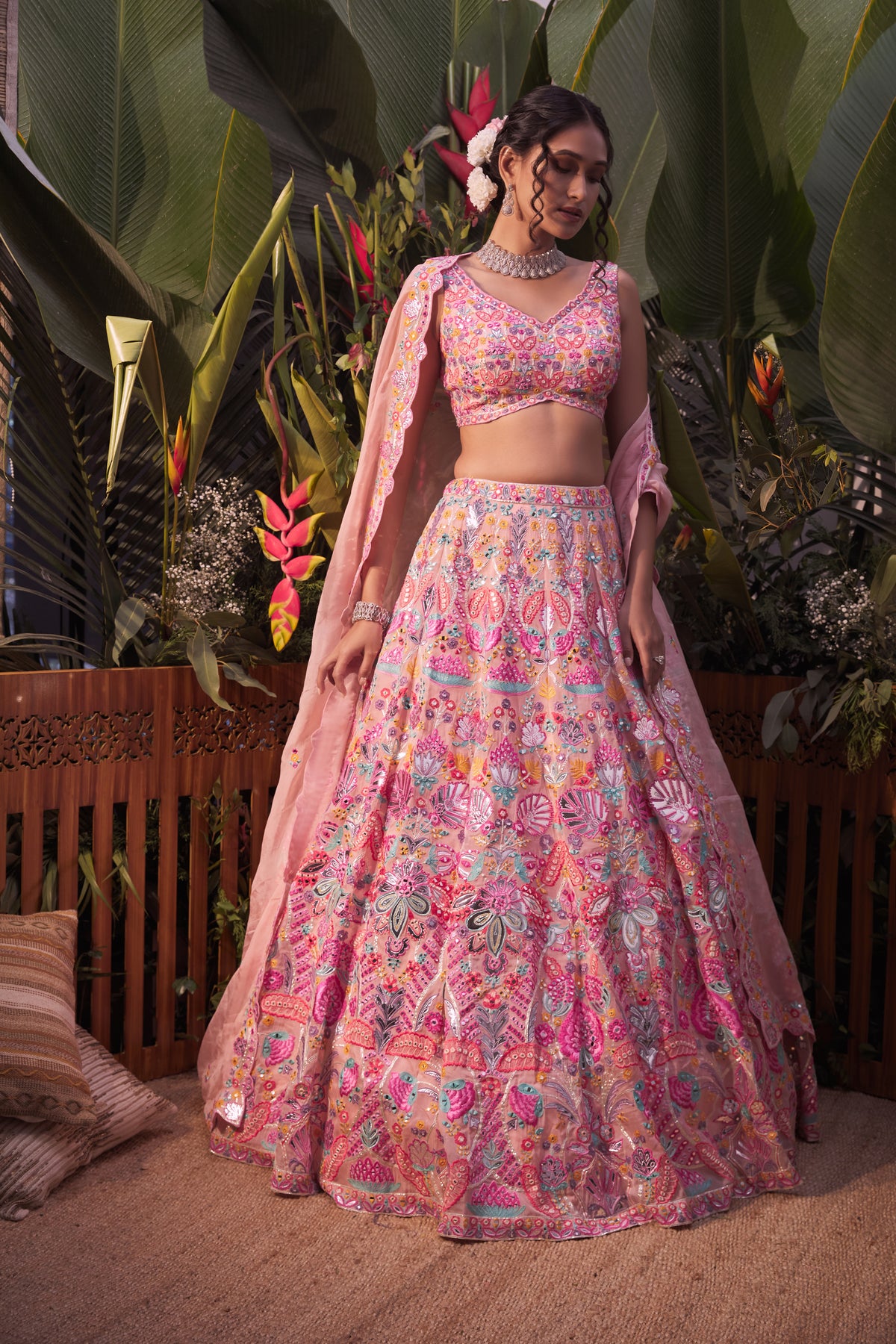 Peach multicolor tropical lehenga set