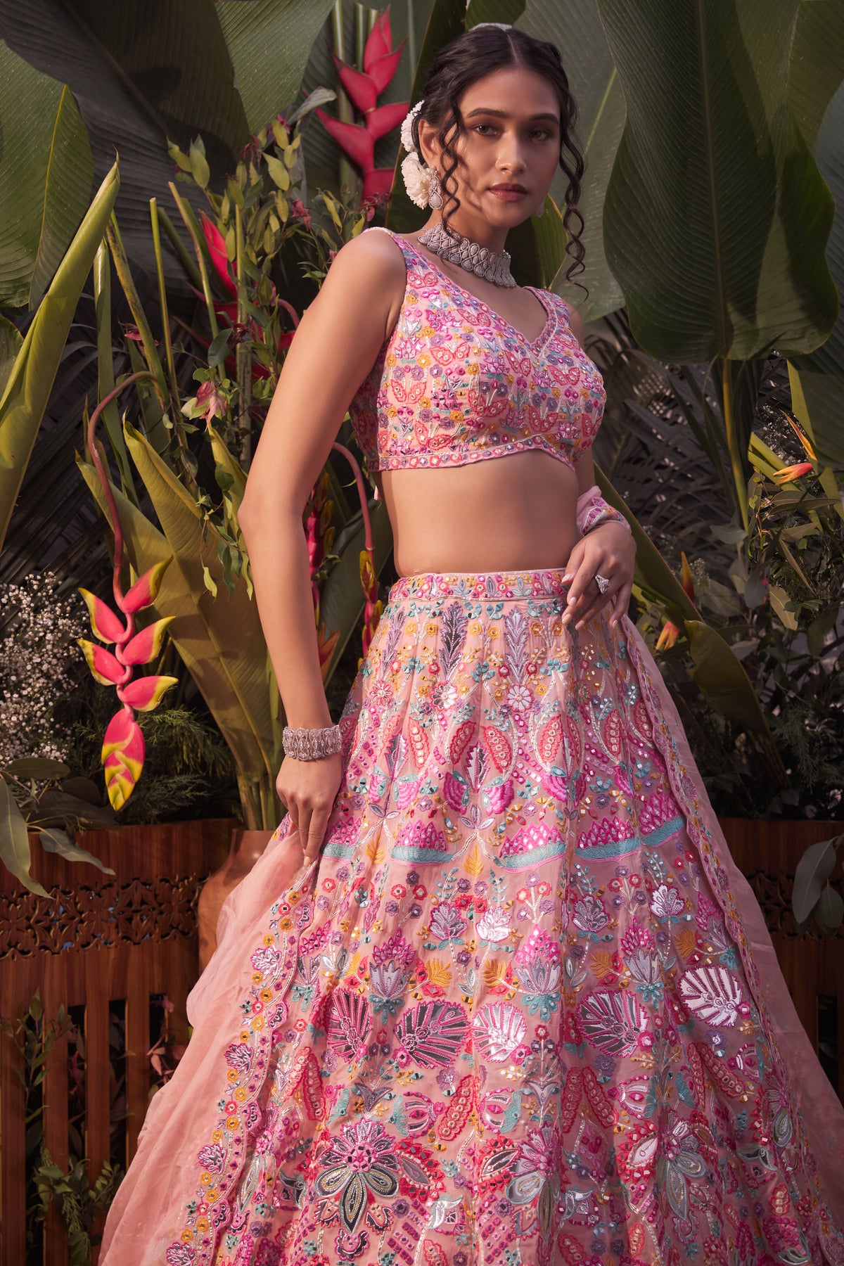 Peach multicolor tropical lehenga set