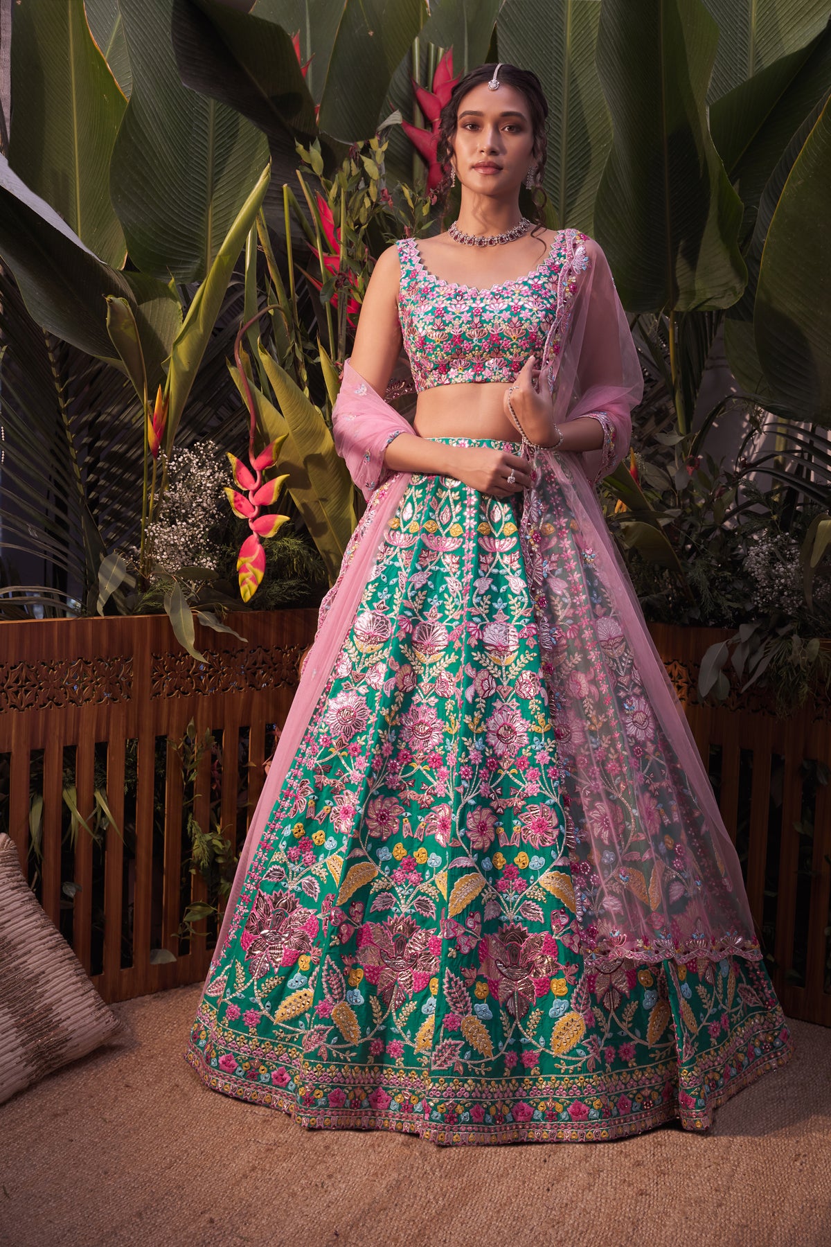 Green multicolour lehenga set