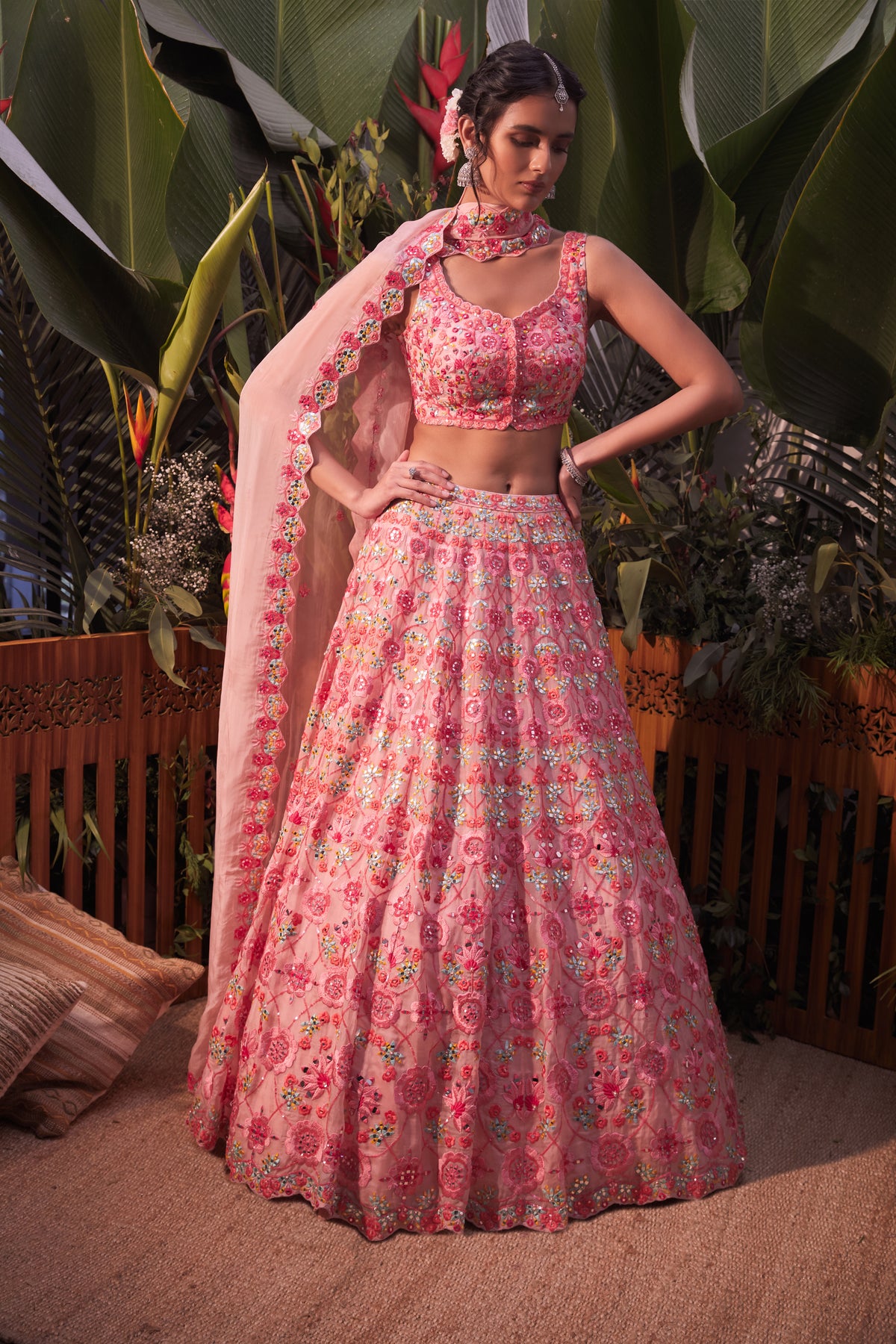 Pink sequence mirror lehenga set