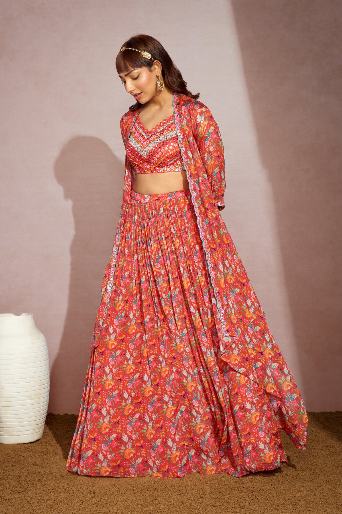 Orange Floral Printed Cape Set