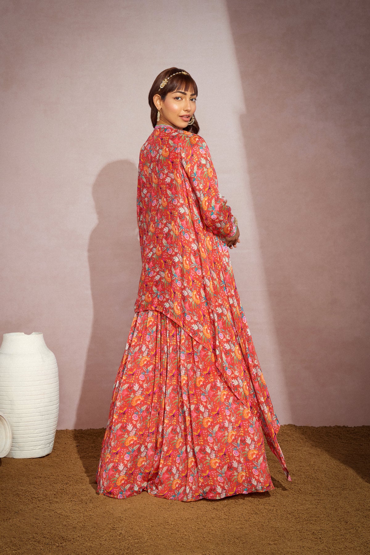 Orange Floral Printed Cape Set