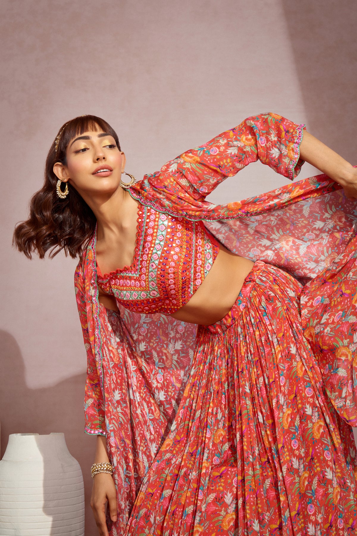 Orange Floral Printed Cape Set