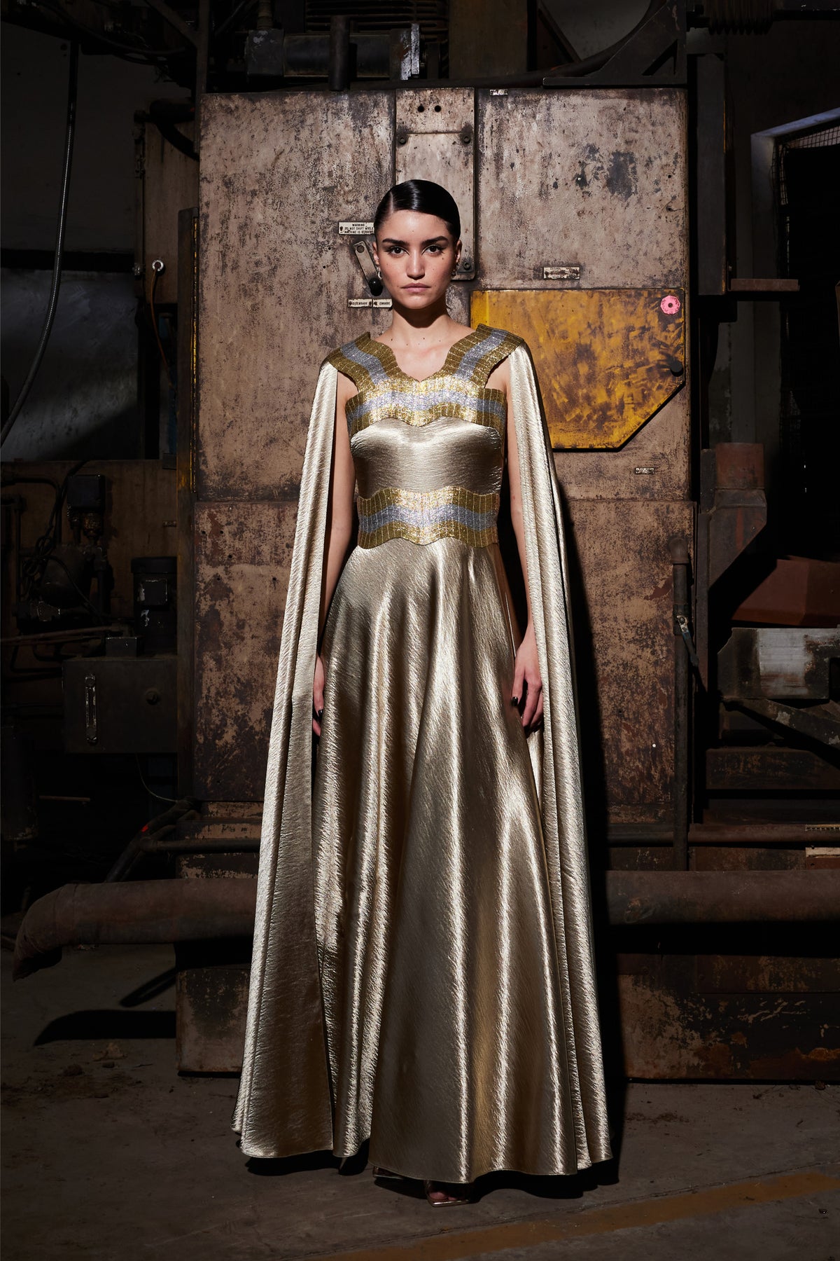 Textured Satin Gold Kaftan Dress