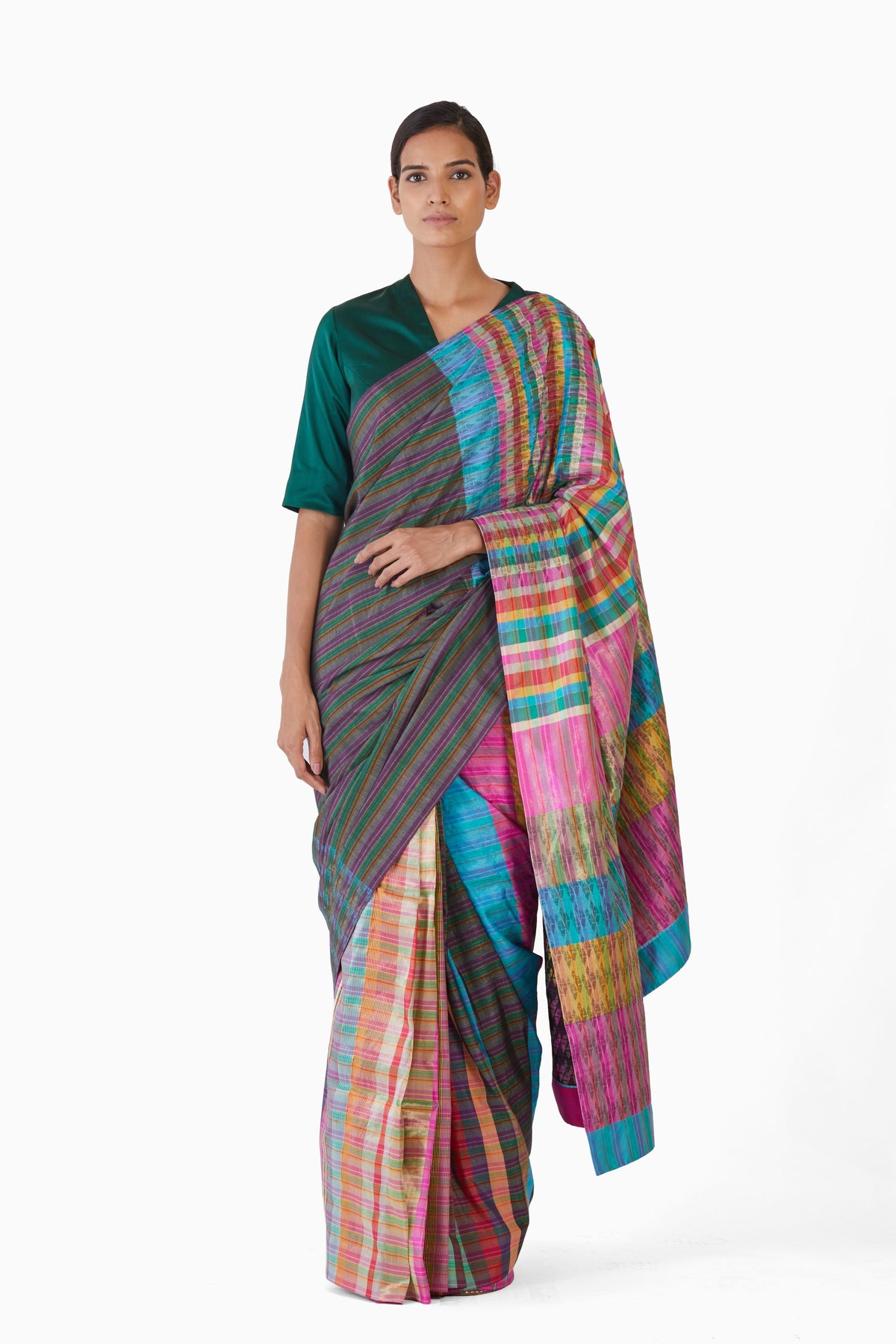 Handwoven block engineered saree