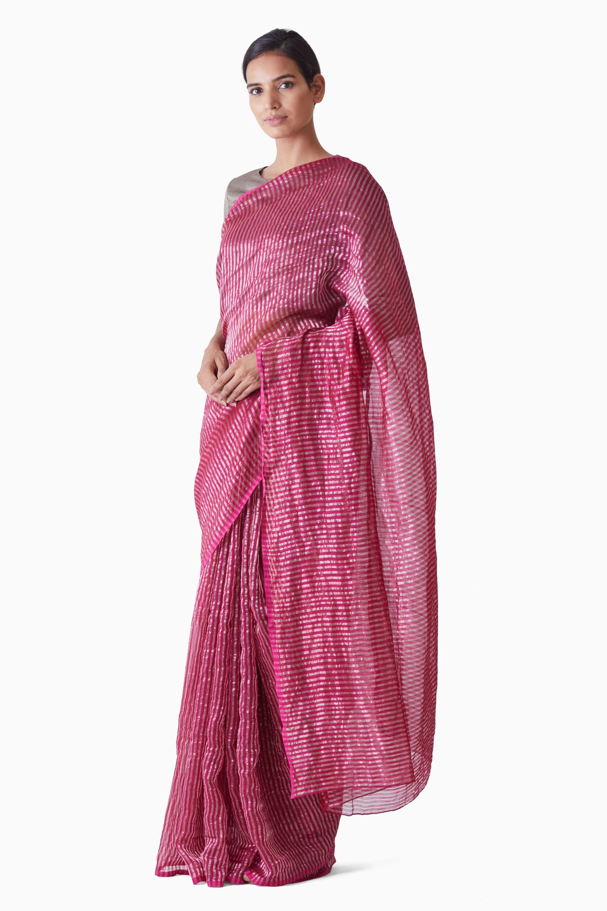 Pink silver striped saree