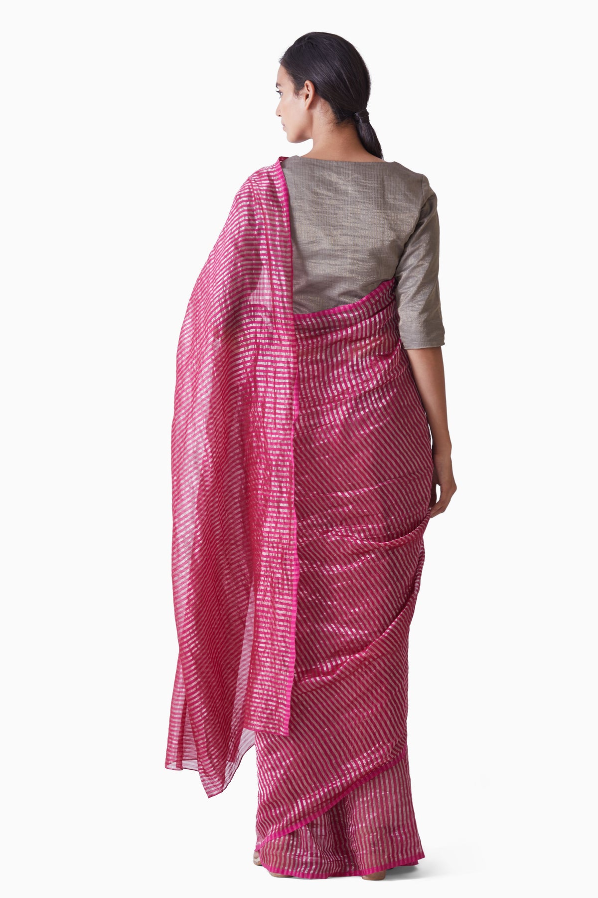 Pink silver striped saree