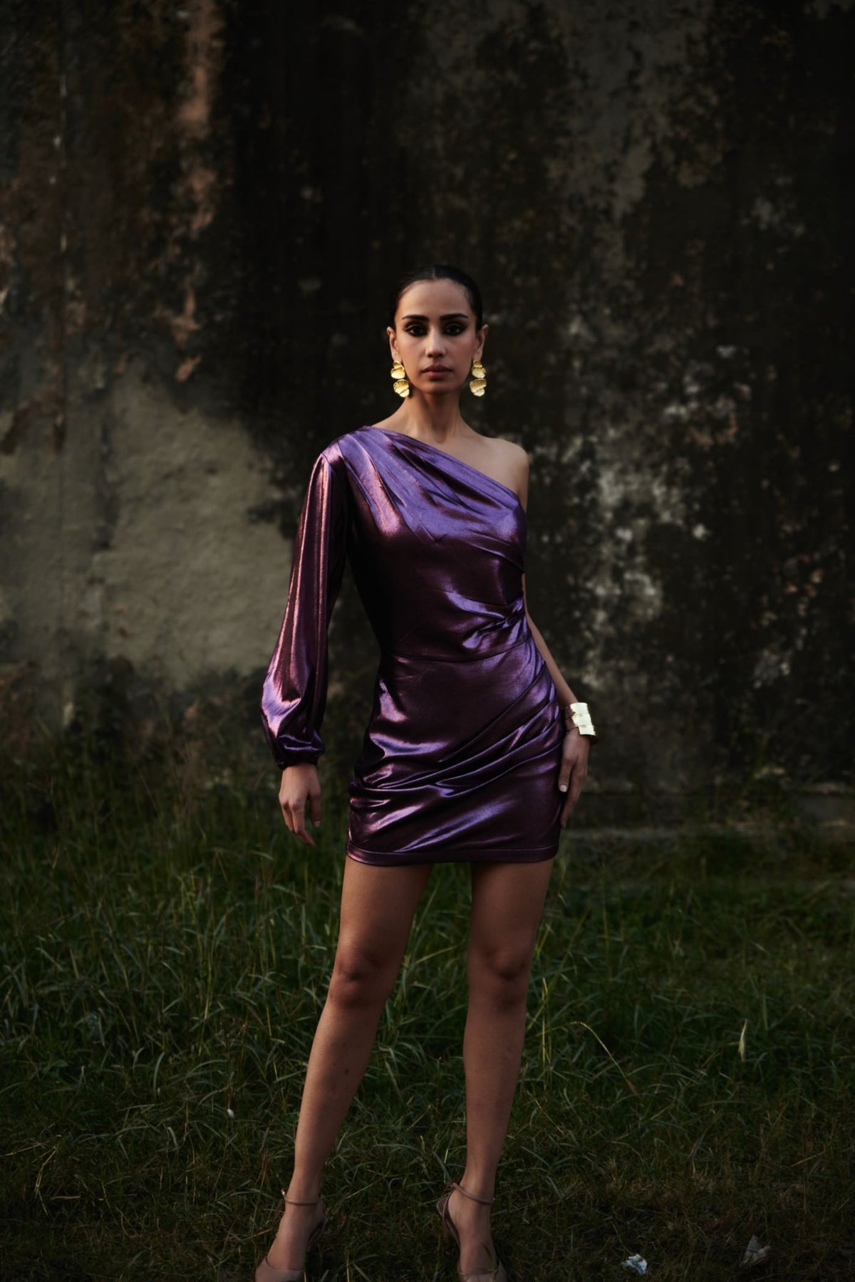 Metallic Purple One Shoulder Mini Dress