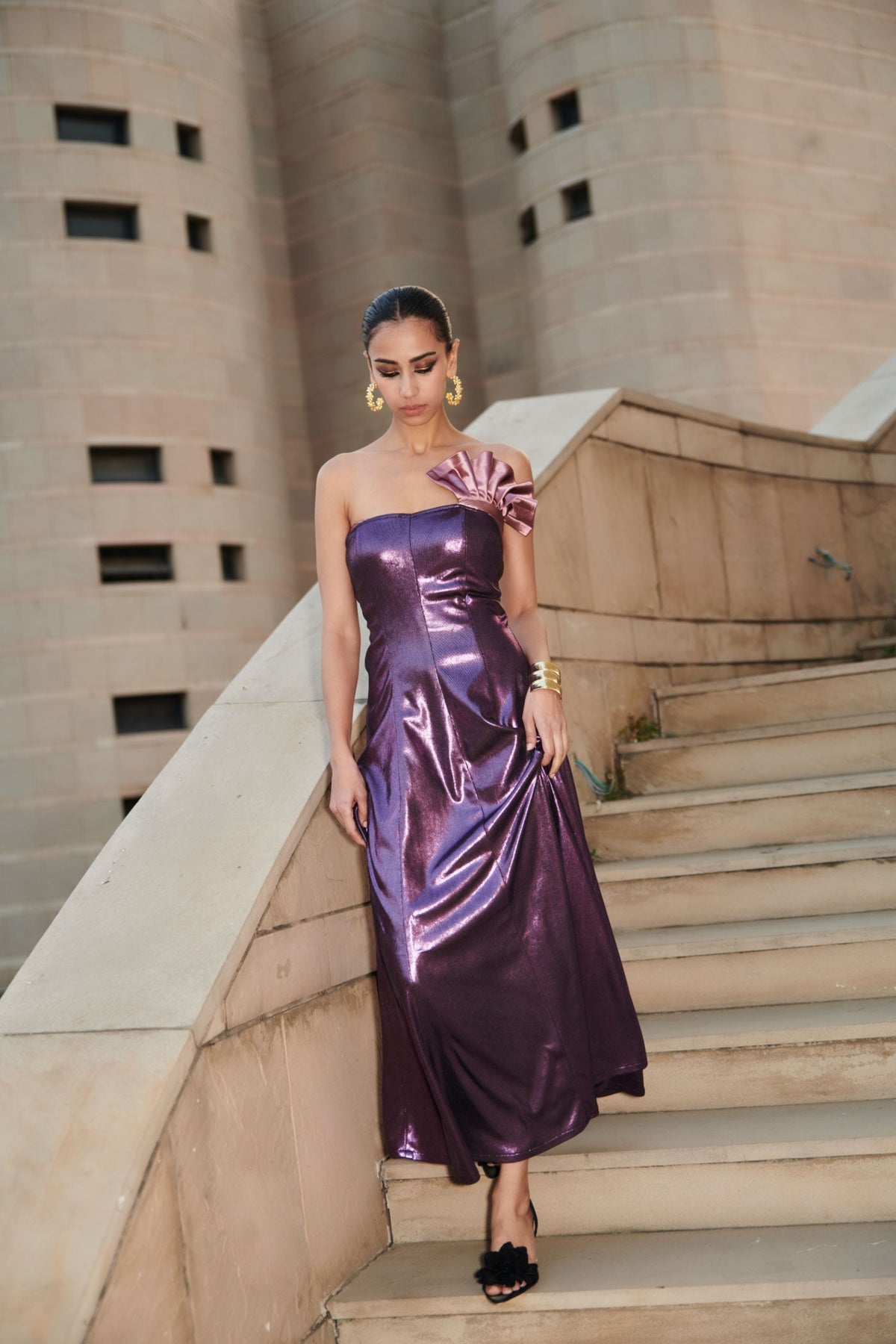 Purple Mettalic Long Tube Dress