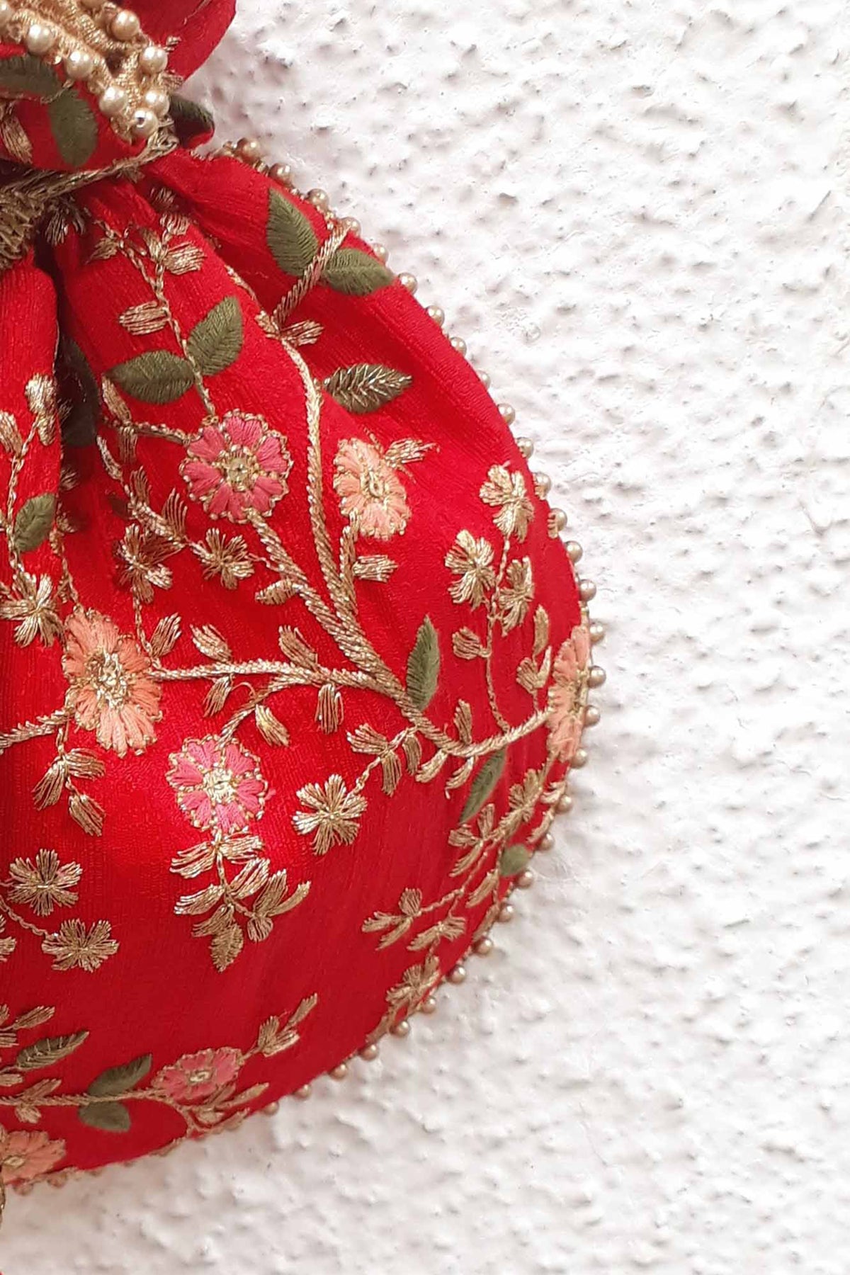 Floral Creeper Red Potli Bag