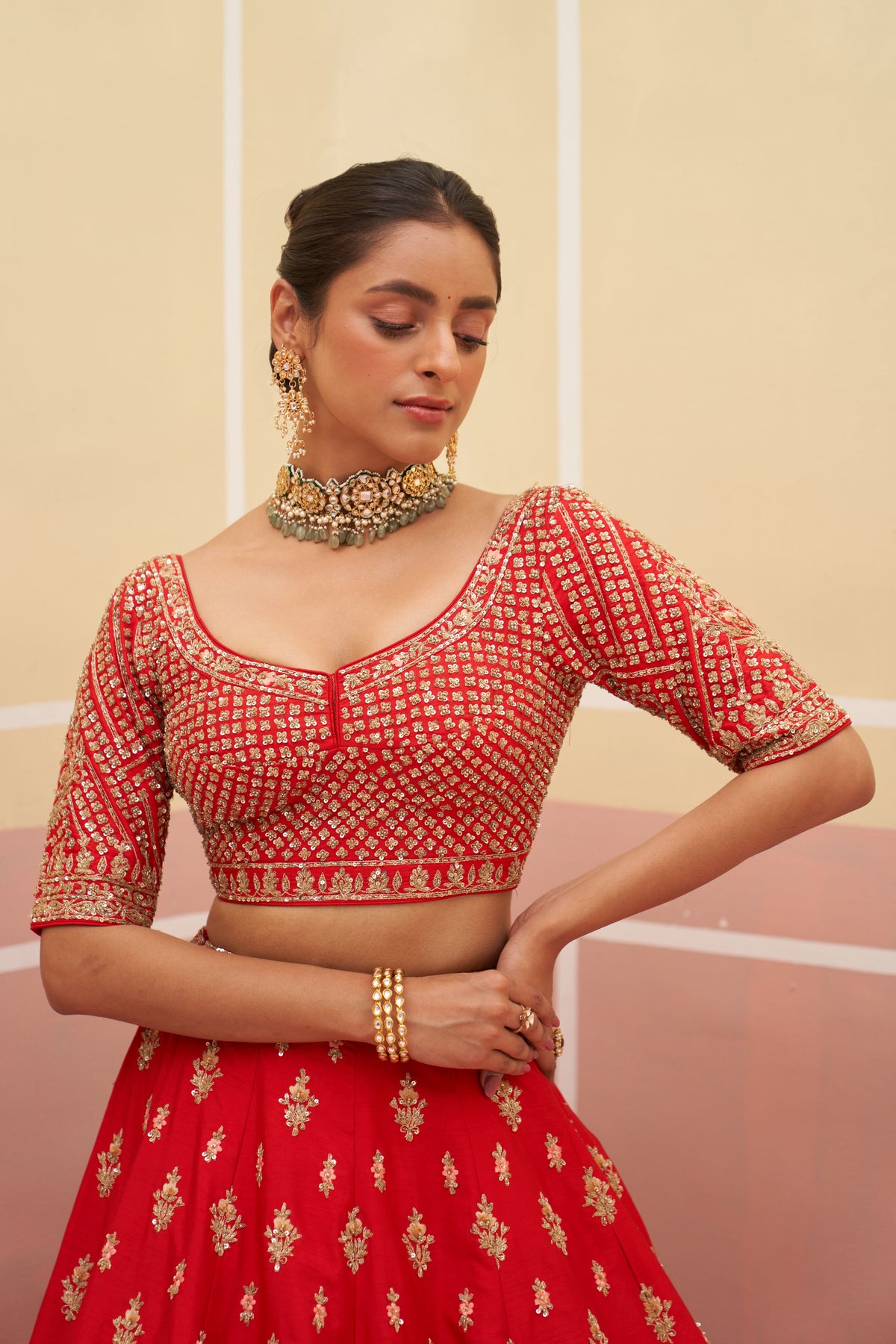 Embroidered Red Raw Silk Lehenga Set