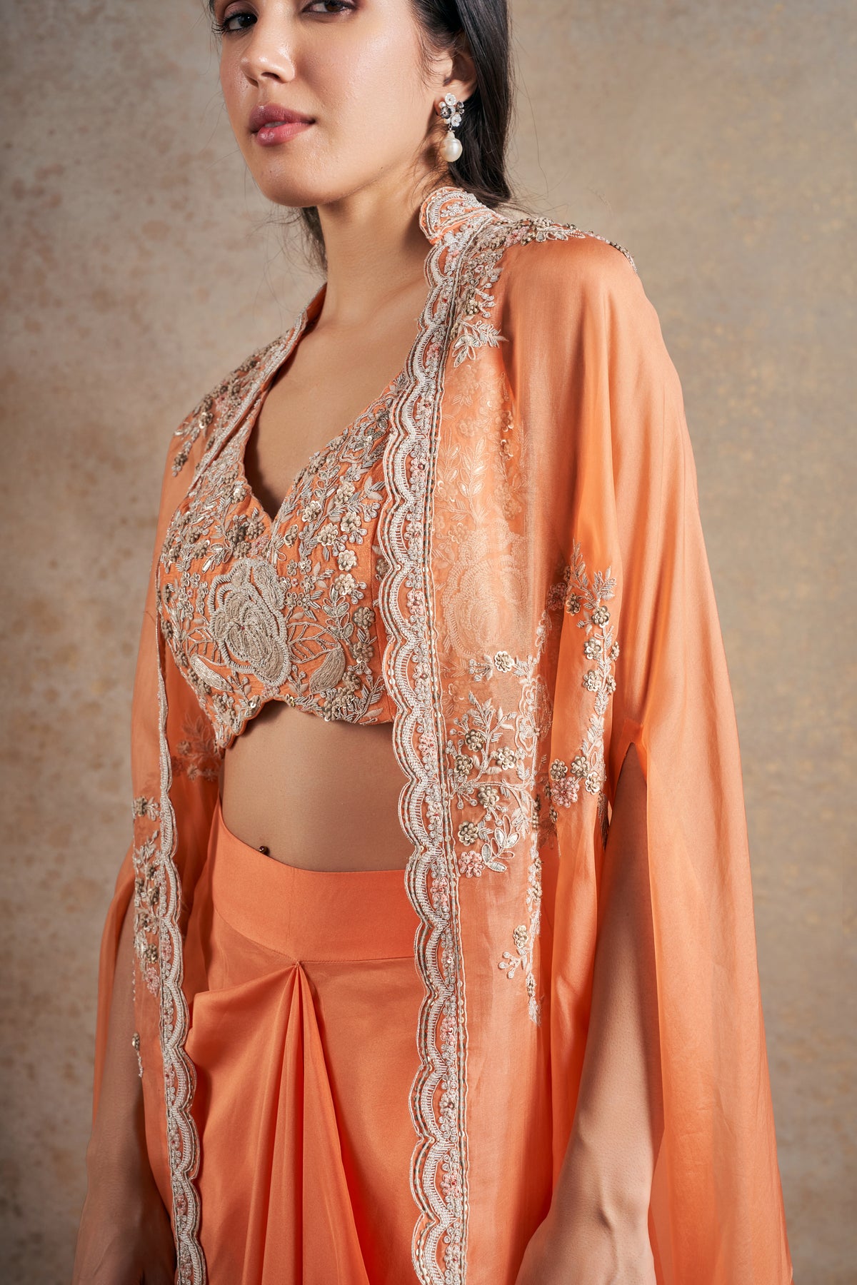 Sumptuous Coral Orange Cape Set