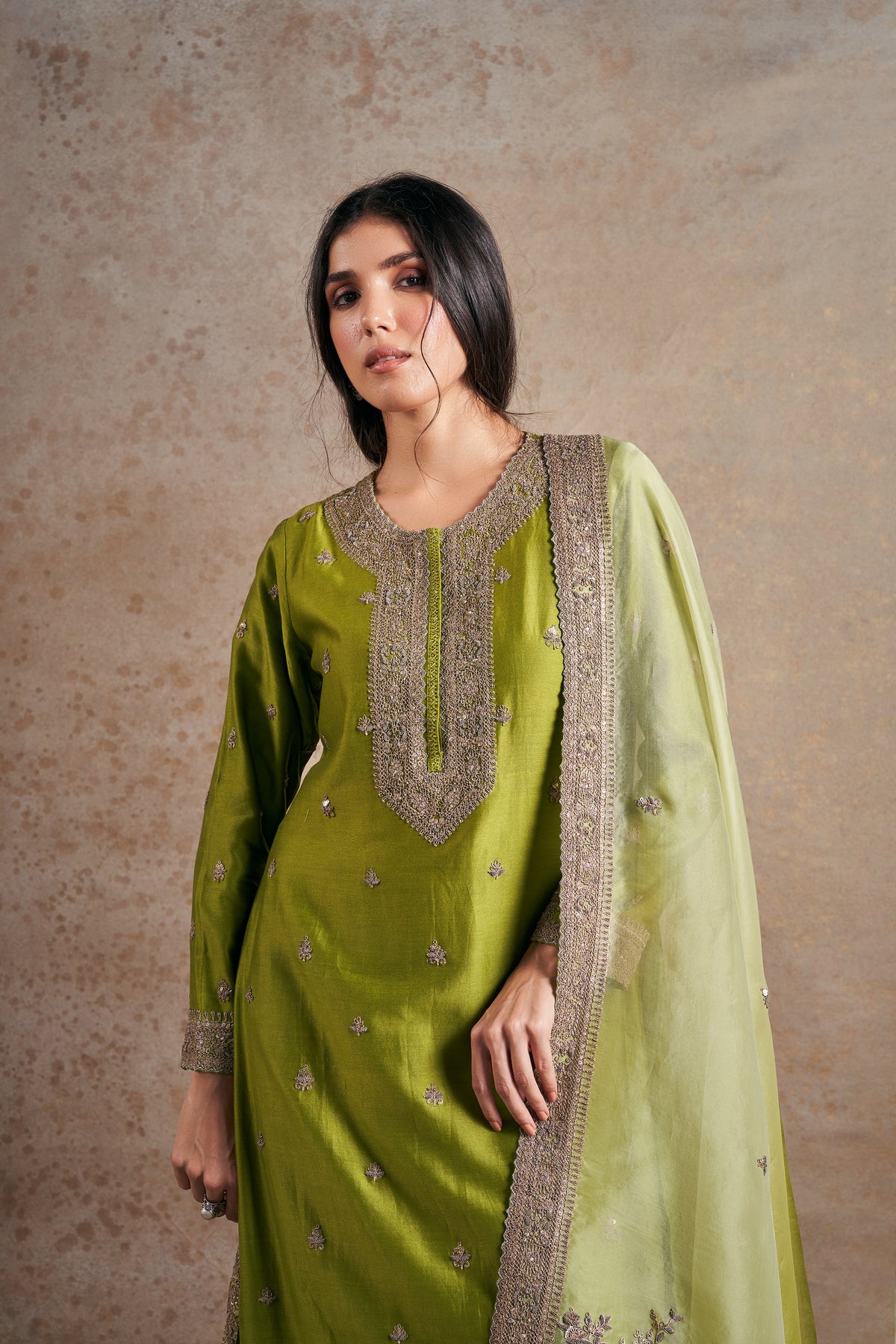 Artisanal Olive Green Dori Kurta Set