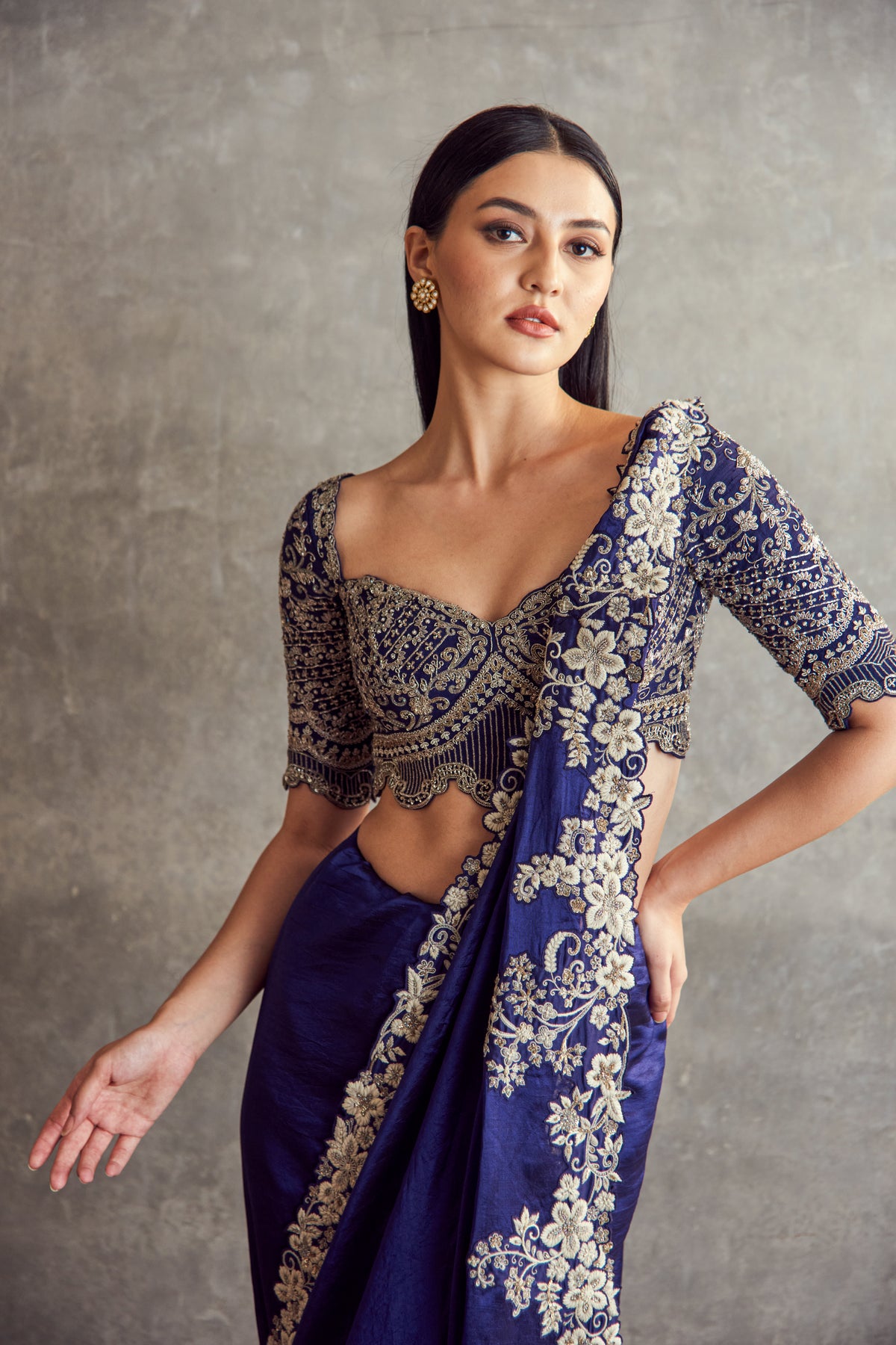Purple Thread Work Saree set