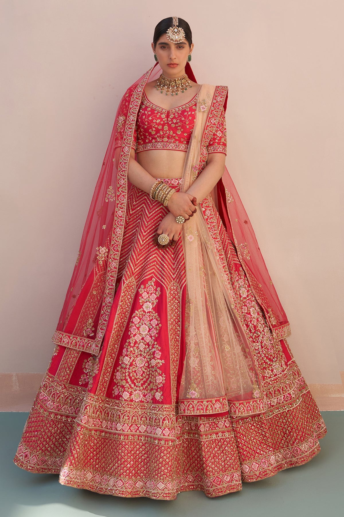 Lehenga Set with Double Dupatta in Red