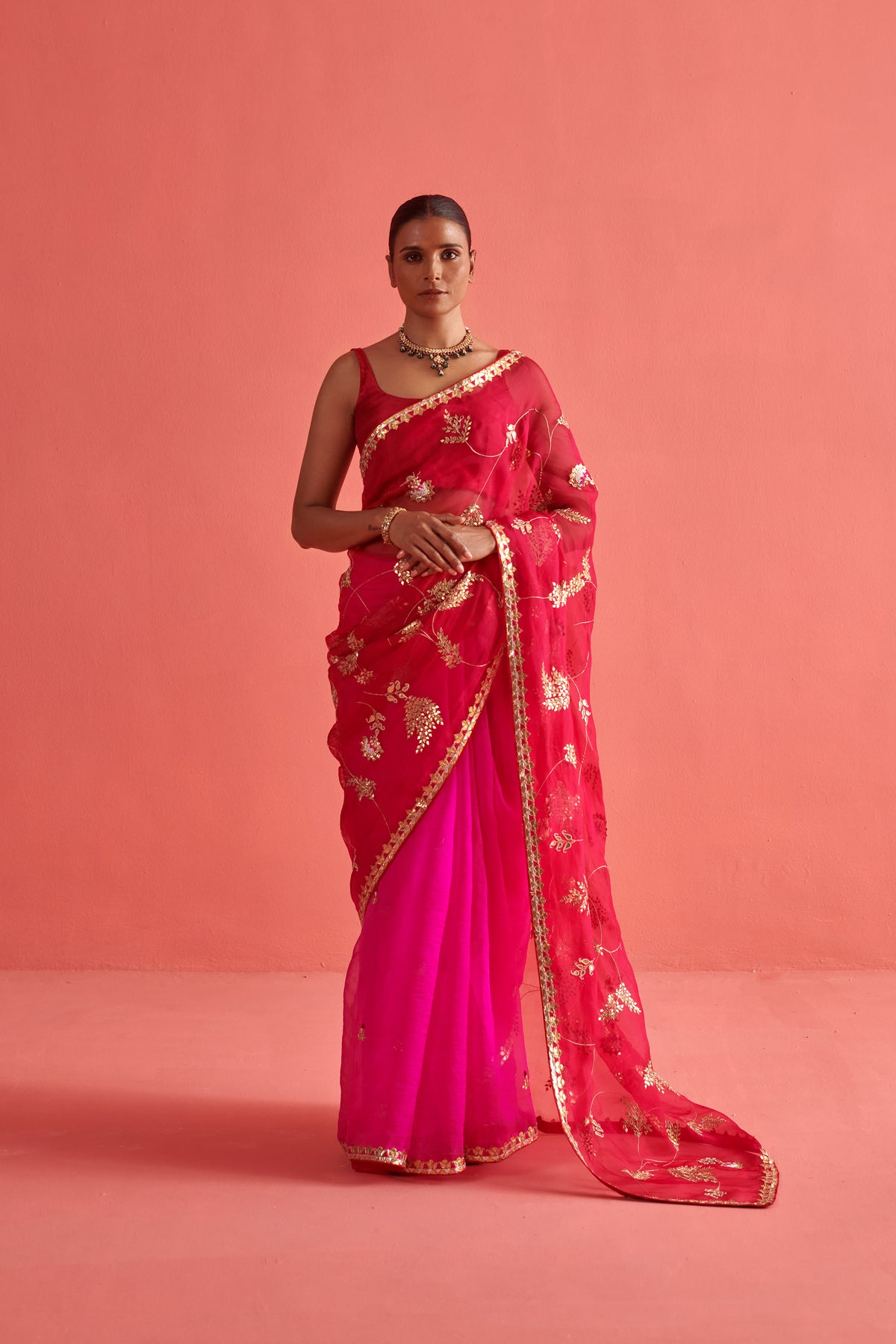 Red Pink Embroidered Saree Set