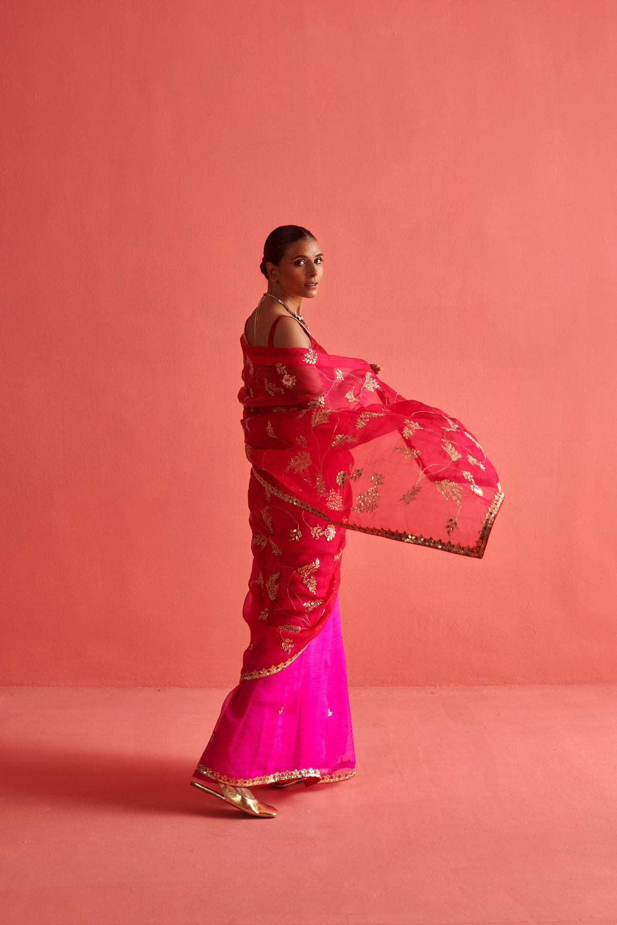 Red Pink Embroidered Saree Set