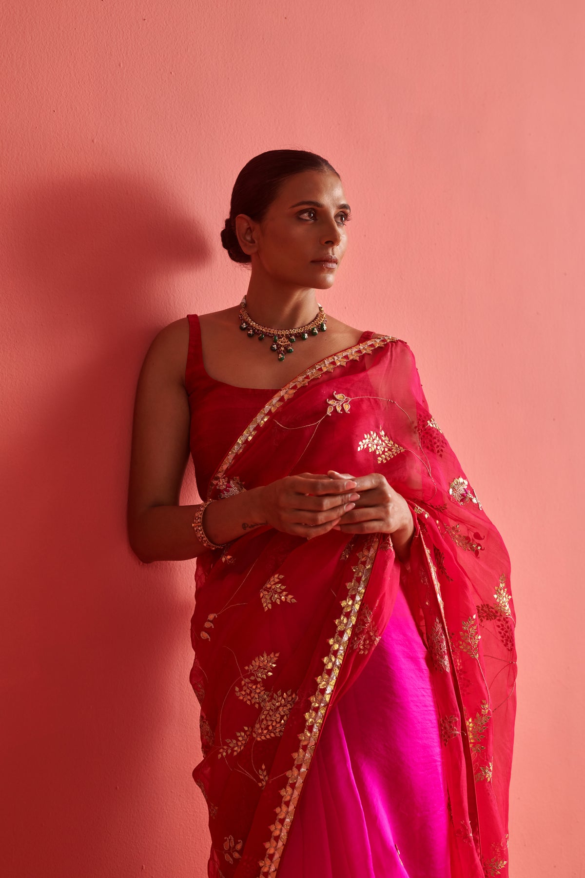 Red Pink Embroidered Saree Set