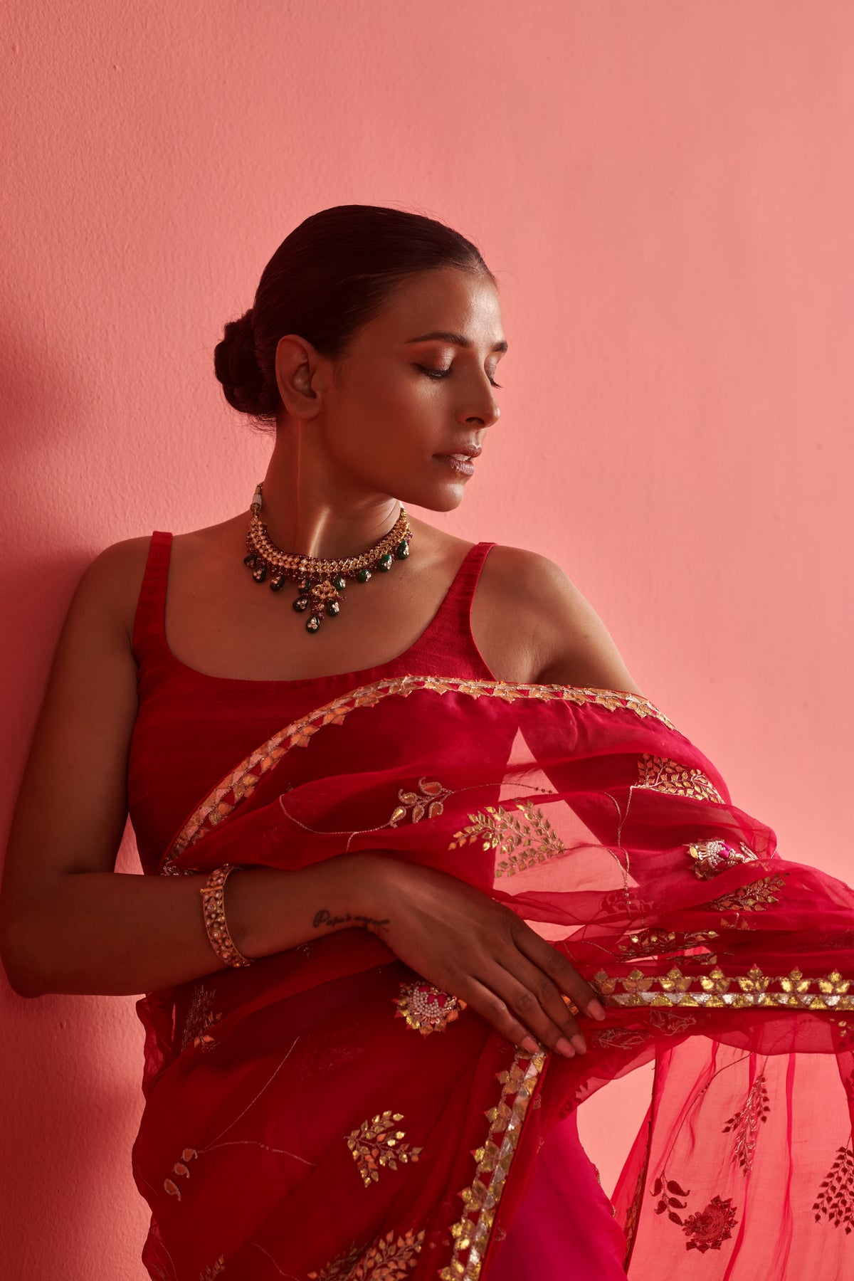 Red Pink Embroidered Saree Set