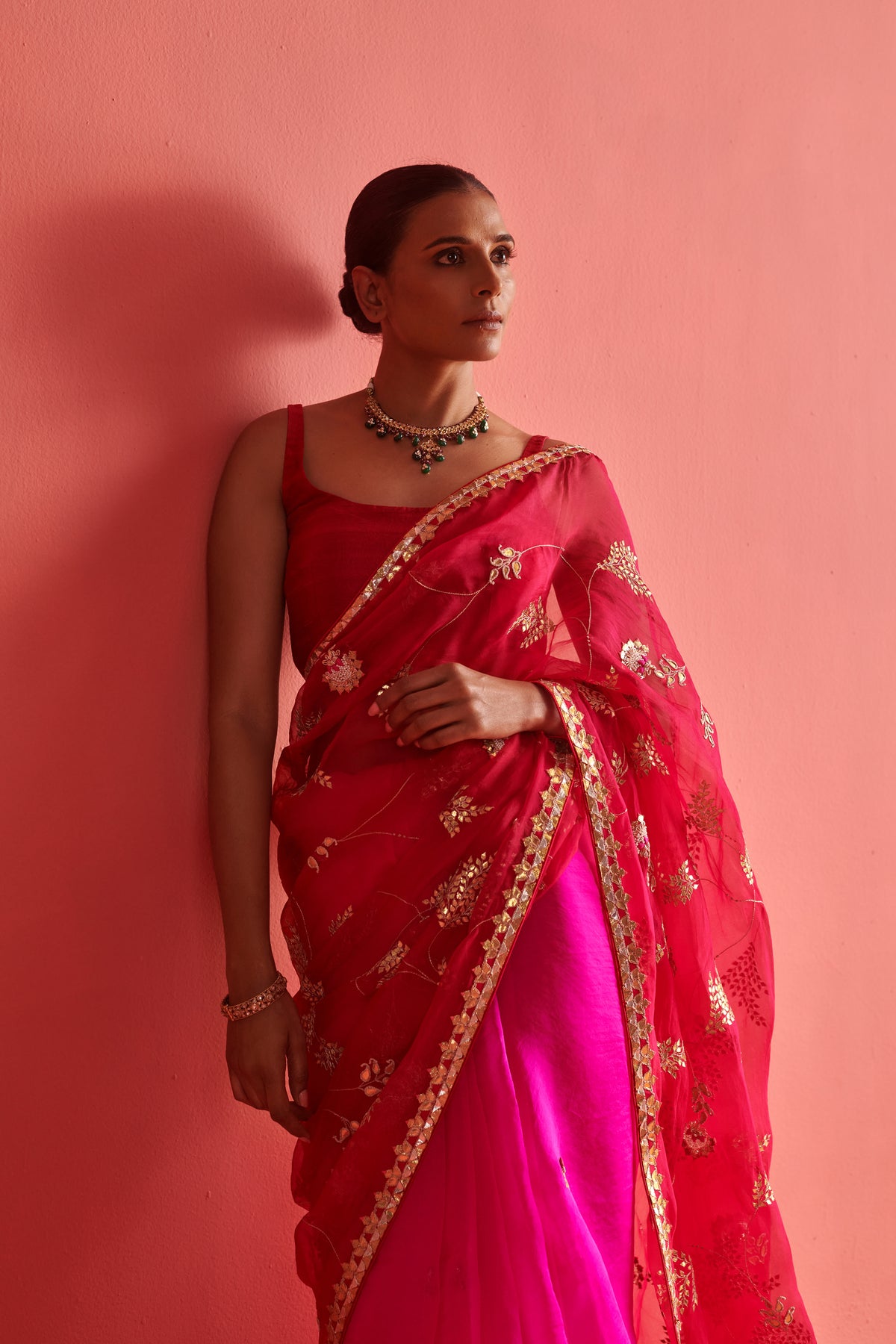 Red Pink Embroidered Saree Set