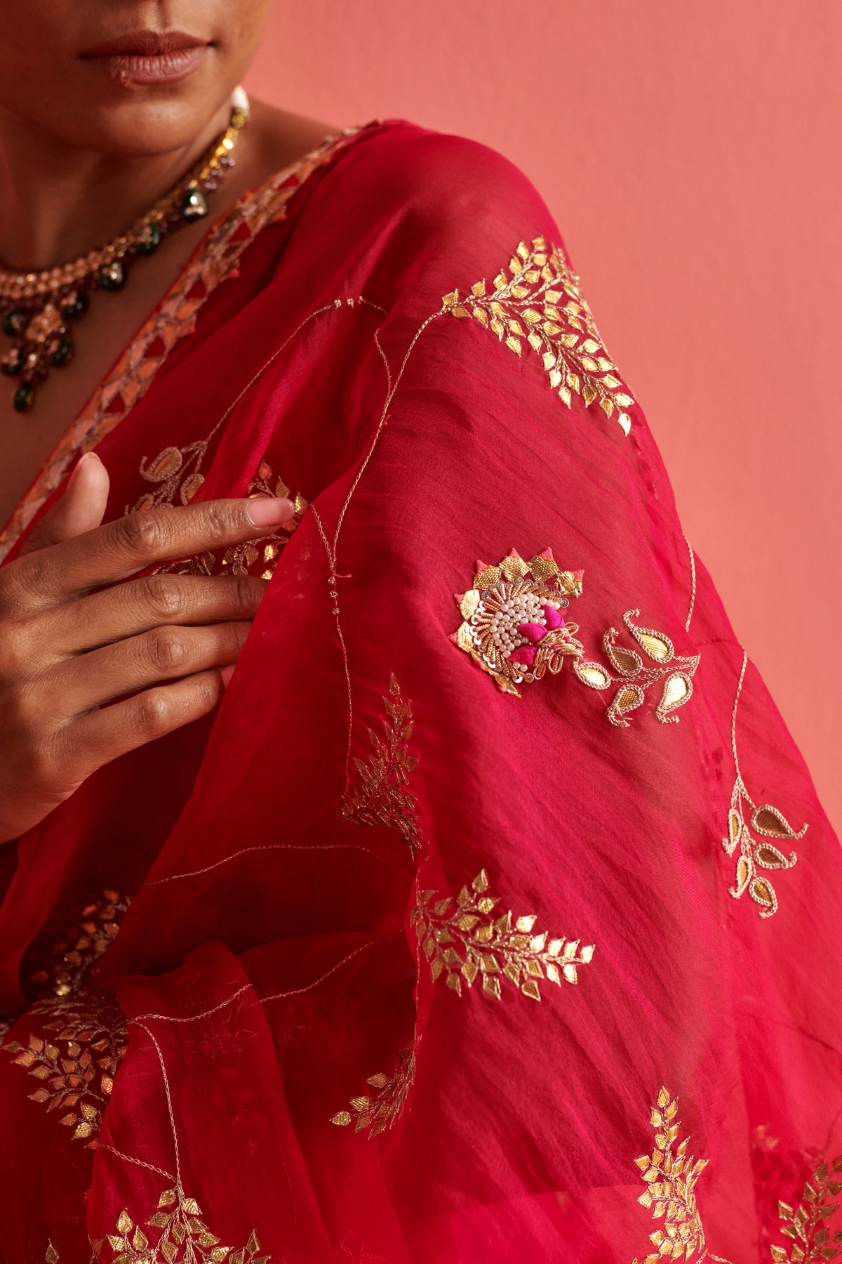 Red Pink Embroidered Saree Set