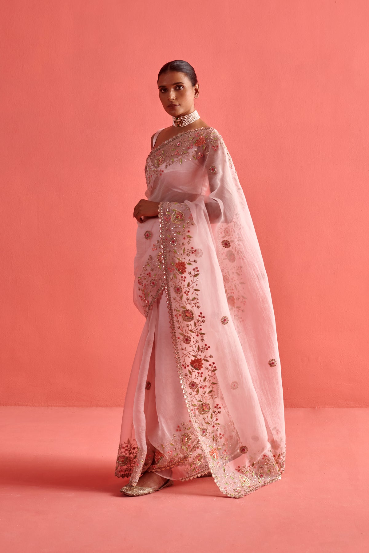 Powdered Pink Embroidered Saree Set