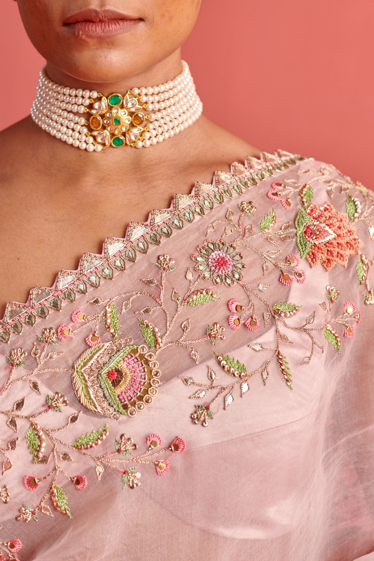 Powdered Pink Embroidered Saree Set