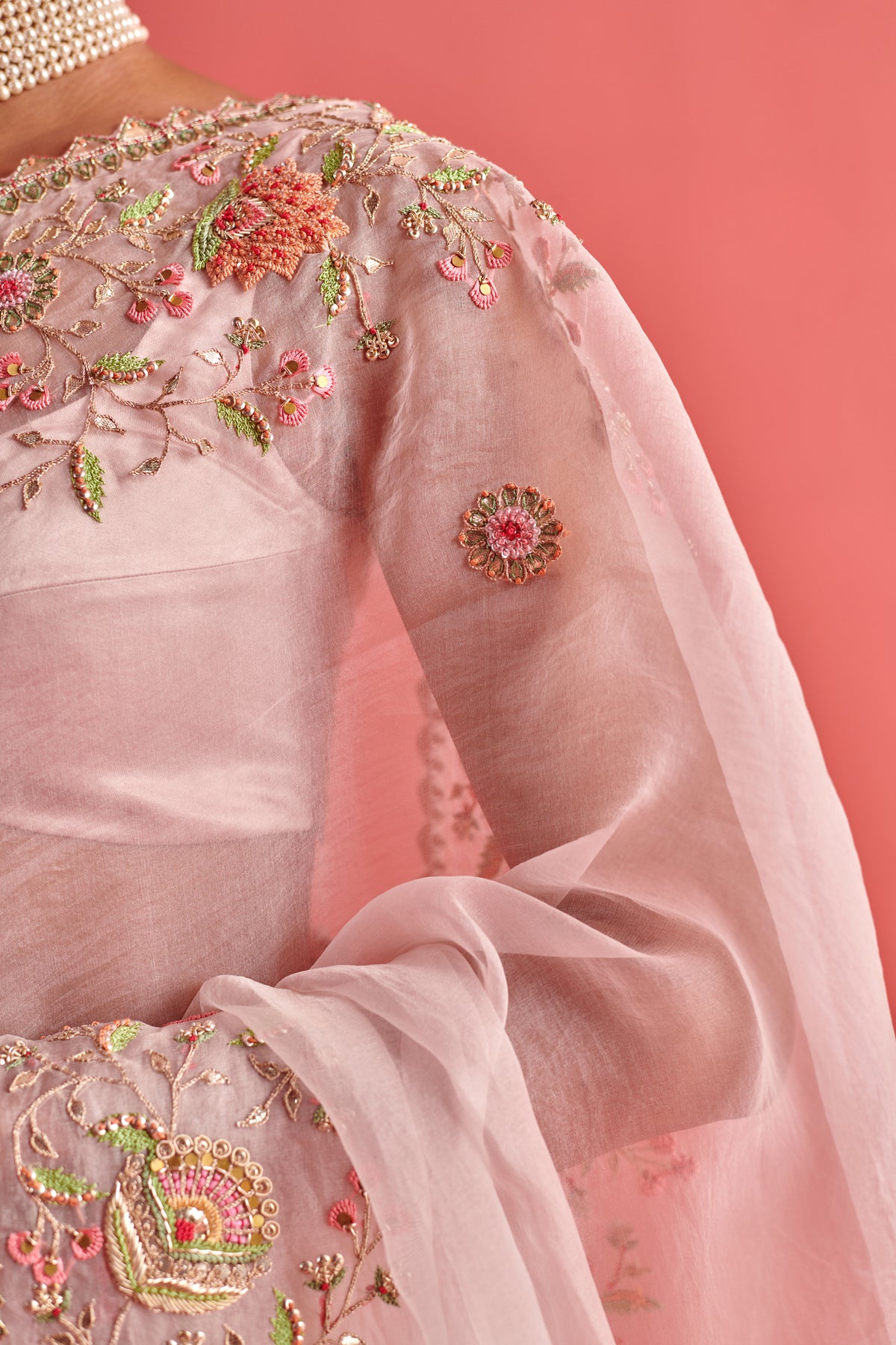 Powdered Pink Embroidered Saree Set