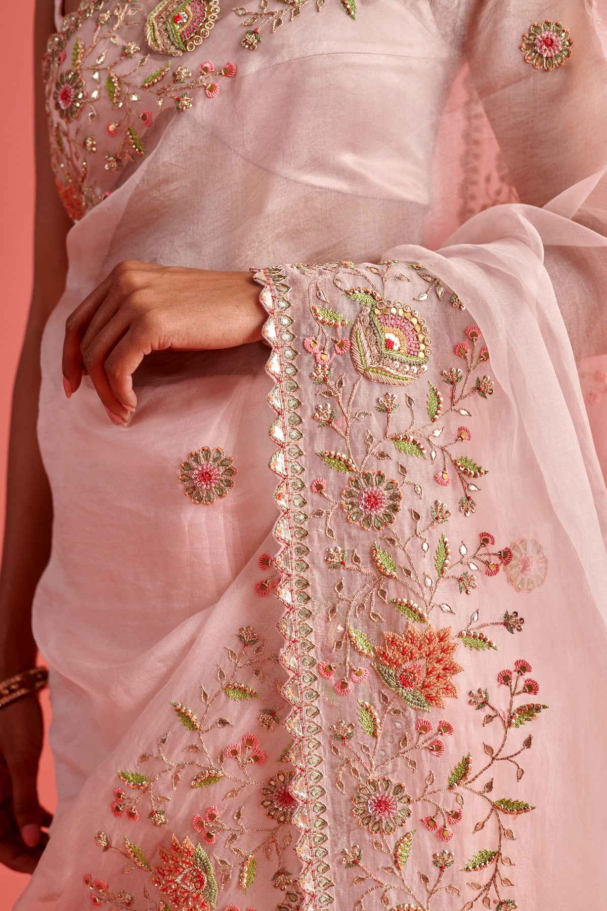 Powdered Pink Embroidered Saree Set