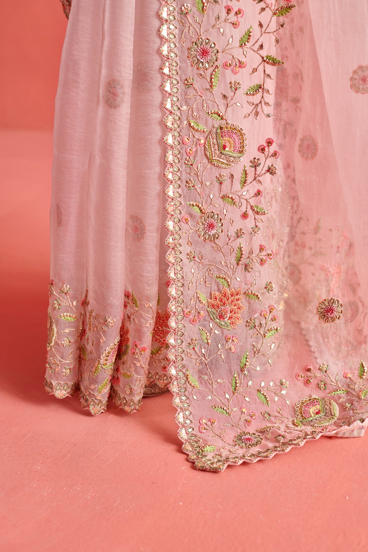 Powdered Pink Embroidered Saree Set