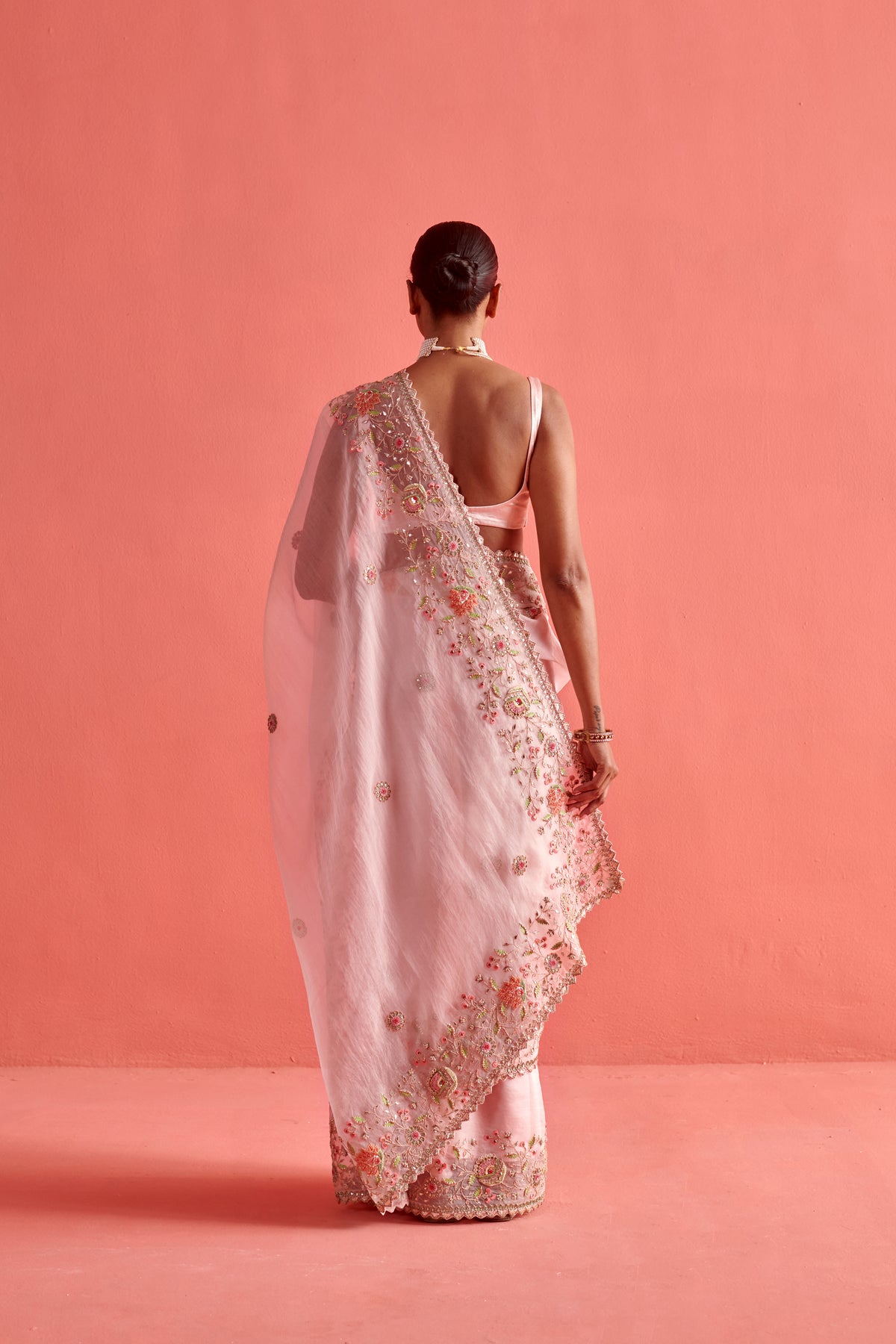 Powdered Pink Embroidered Saree Set