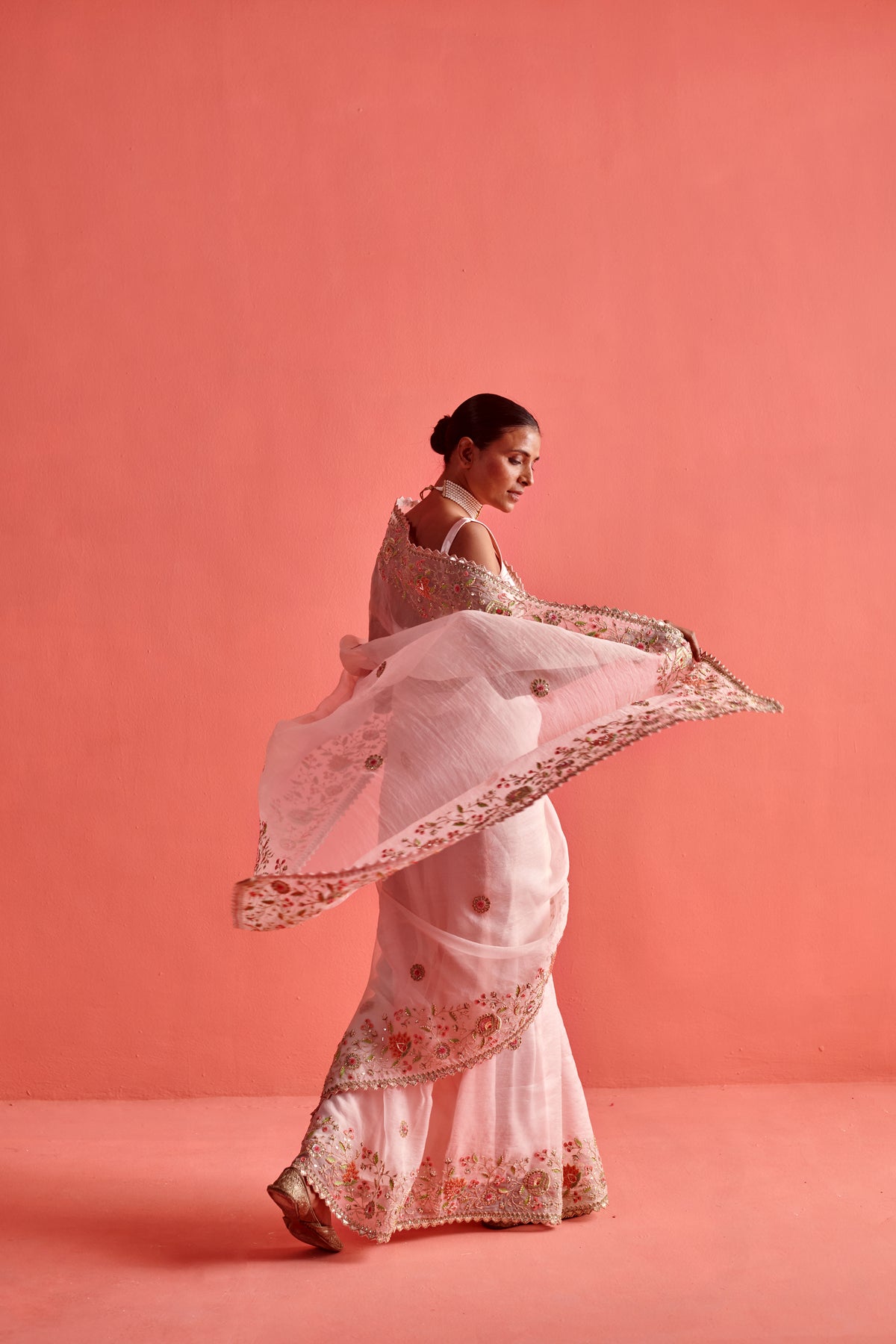 Powdered Pink Embroidered Saree Set