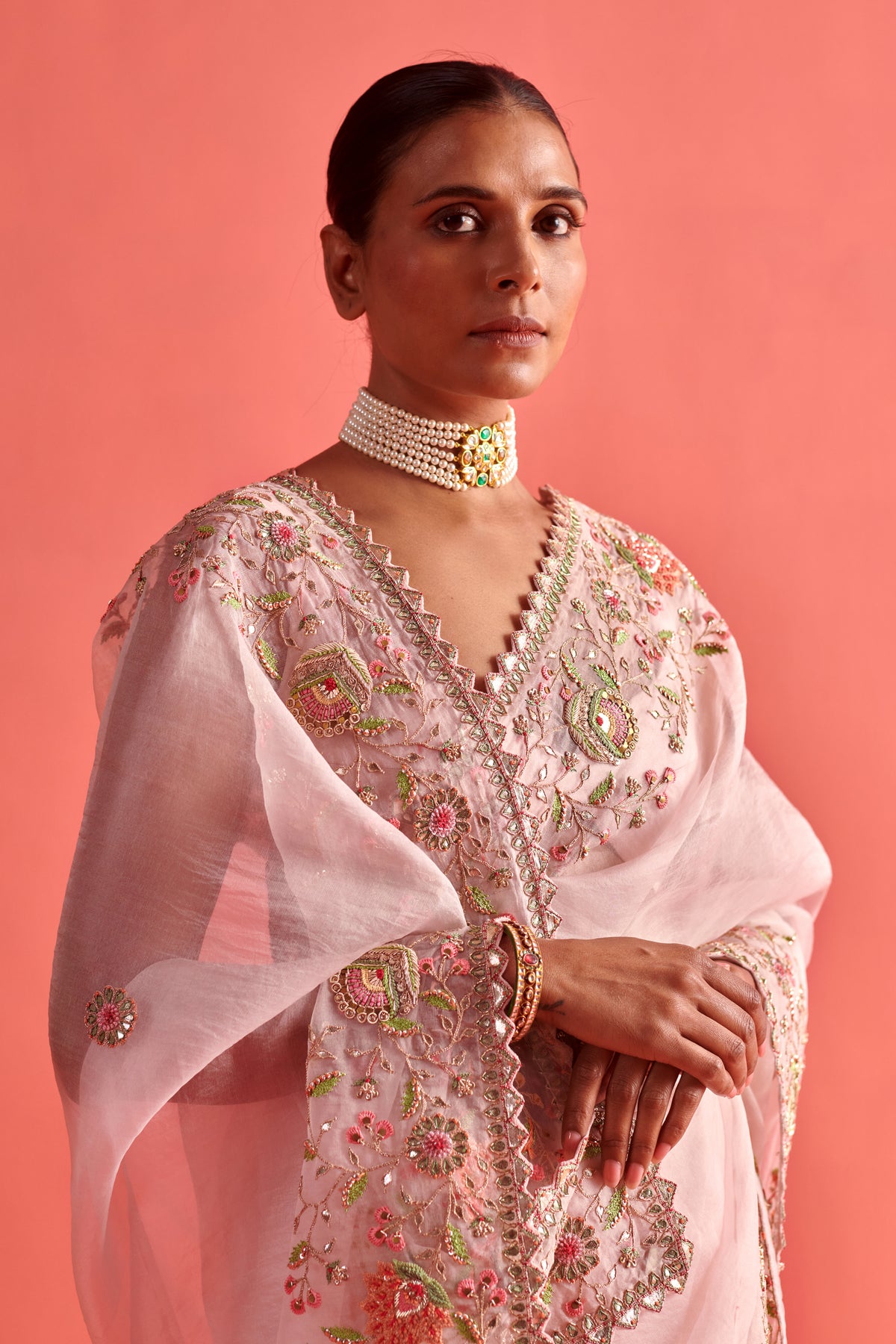 Powdered Pink Embroidered Saree Set