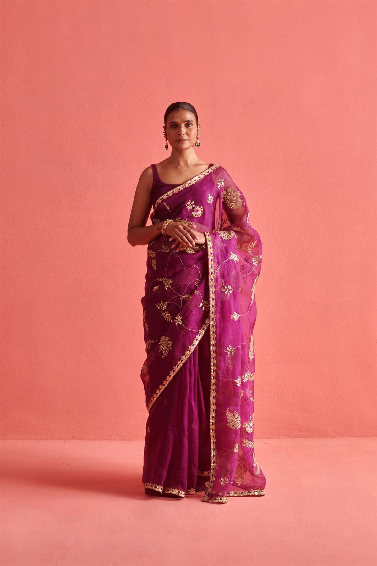 Magenta Hand Embroidered Saree Set