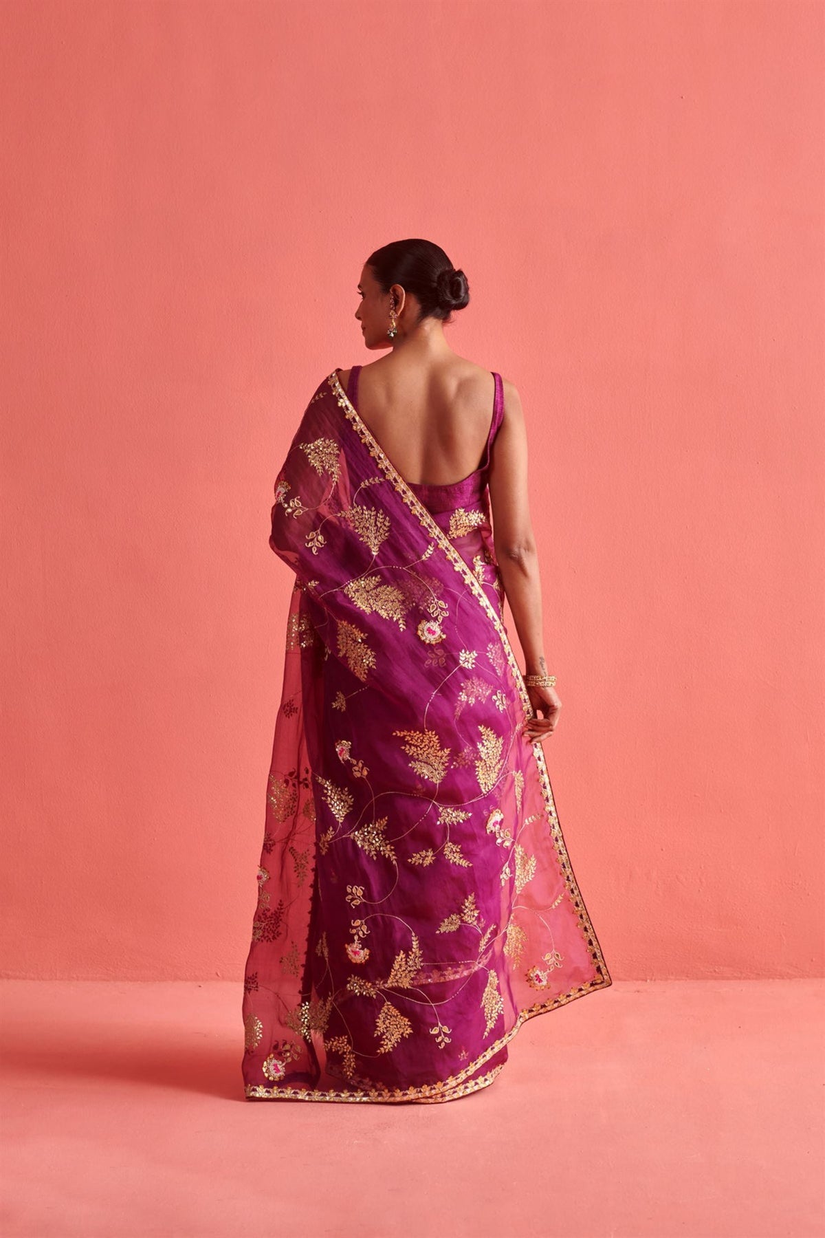 Magenta Hand Embroidered Saree Set
