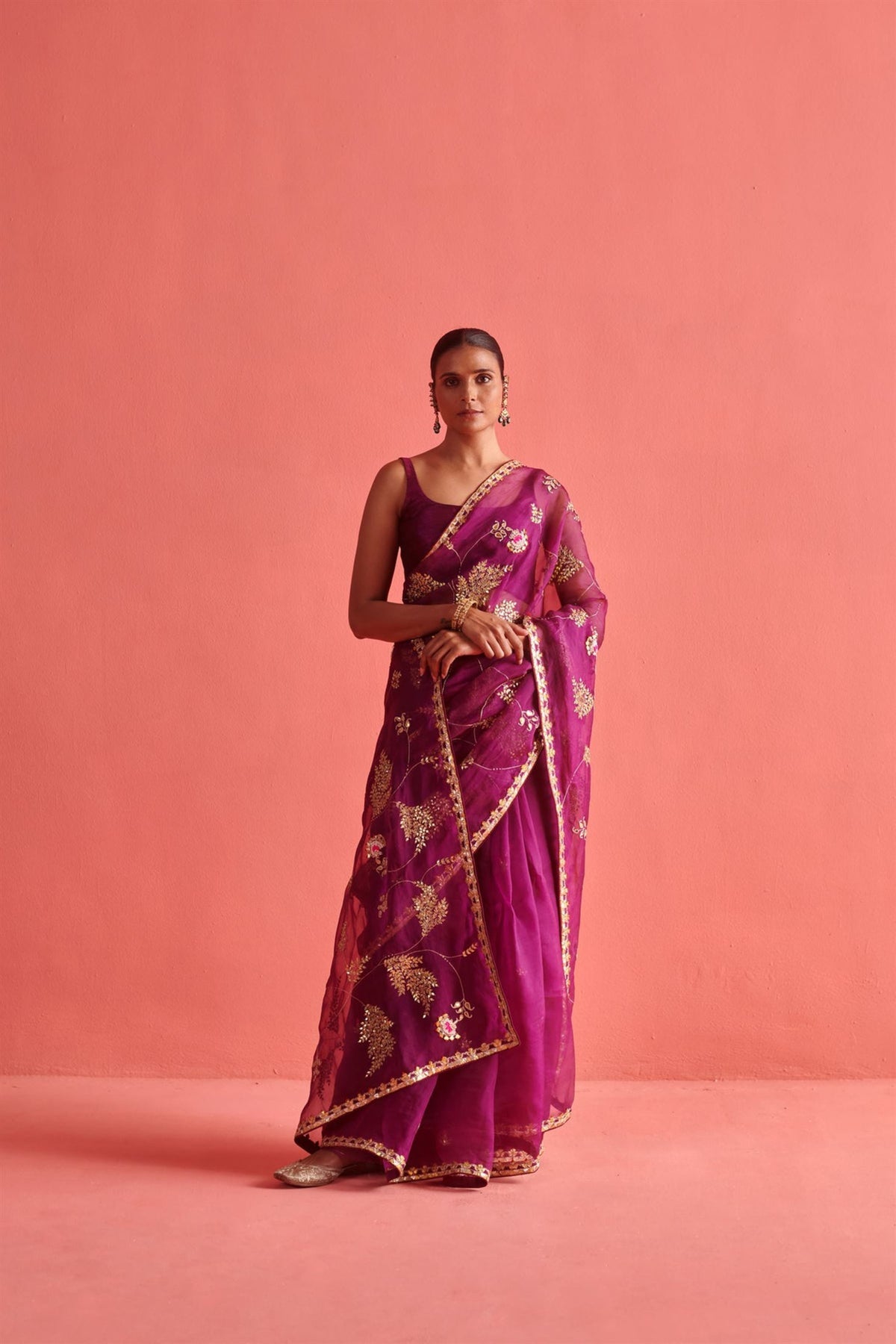 Magenta Hand Embroidered Saree Set
