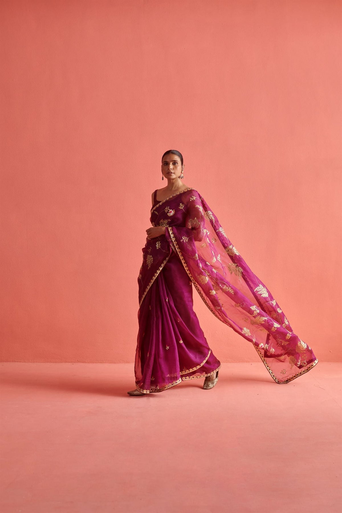 Magenta Hand Embroidered Saree Set