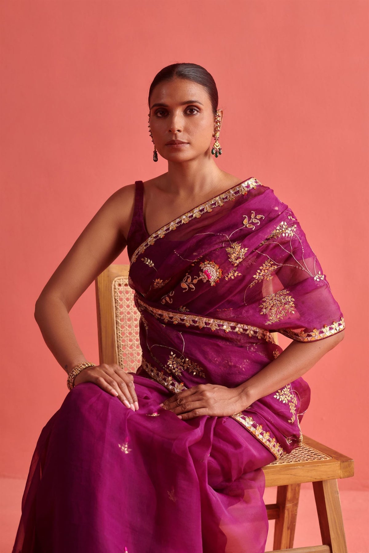 Magenta Hand Embroidered Saree Set