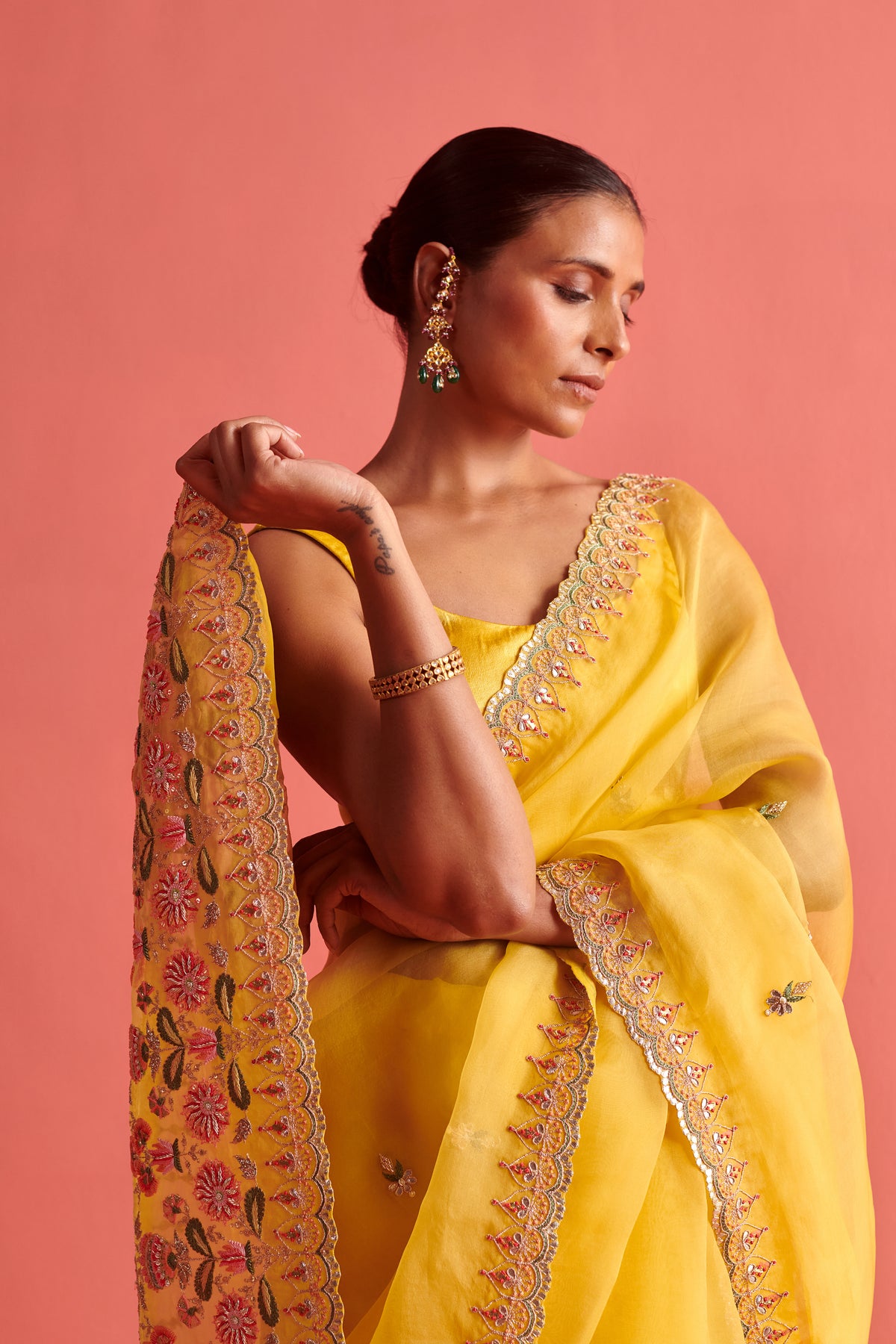 Yellow Embroidered Saree Set