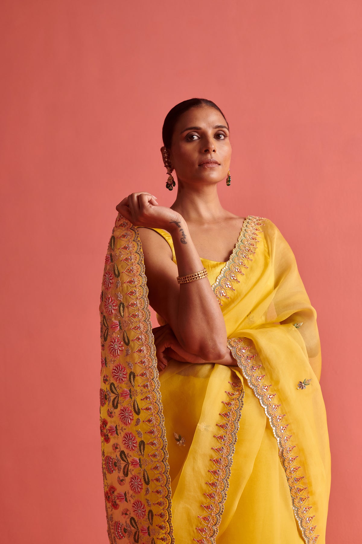 Yellow Embroidered Saree Set