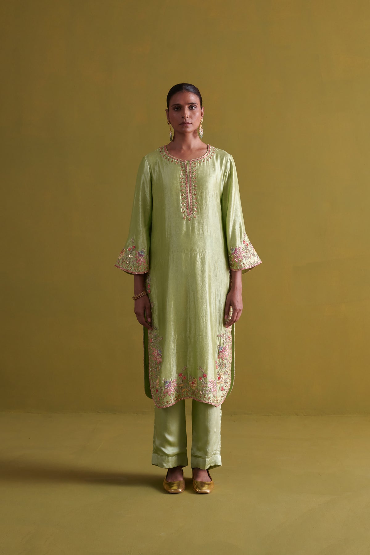 Pista Green Kora Silk Kurta Set