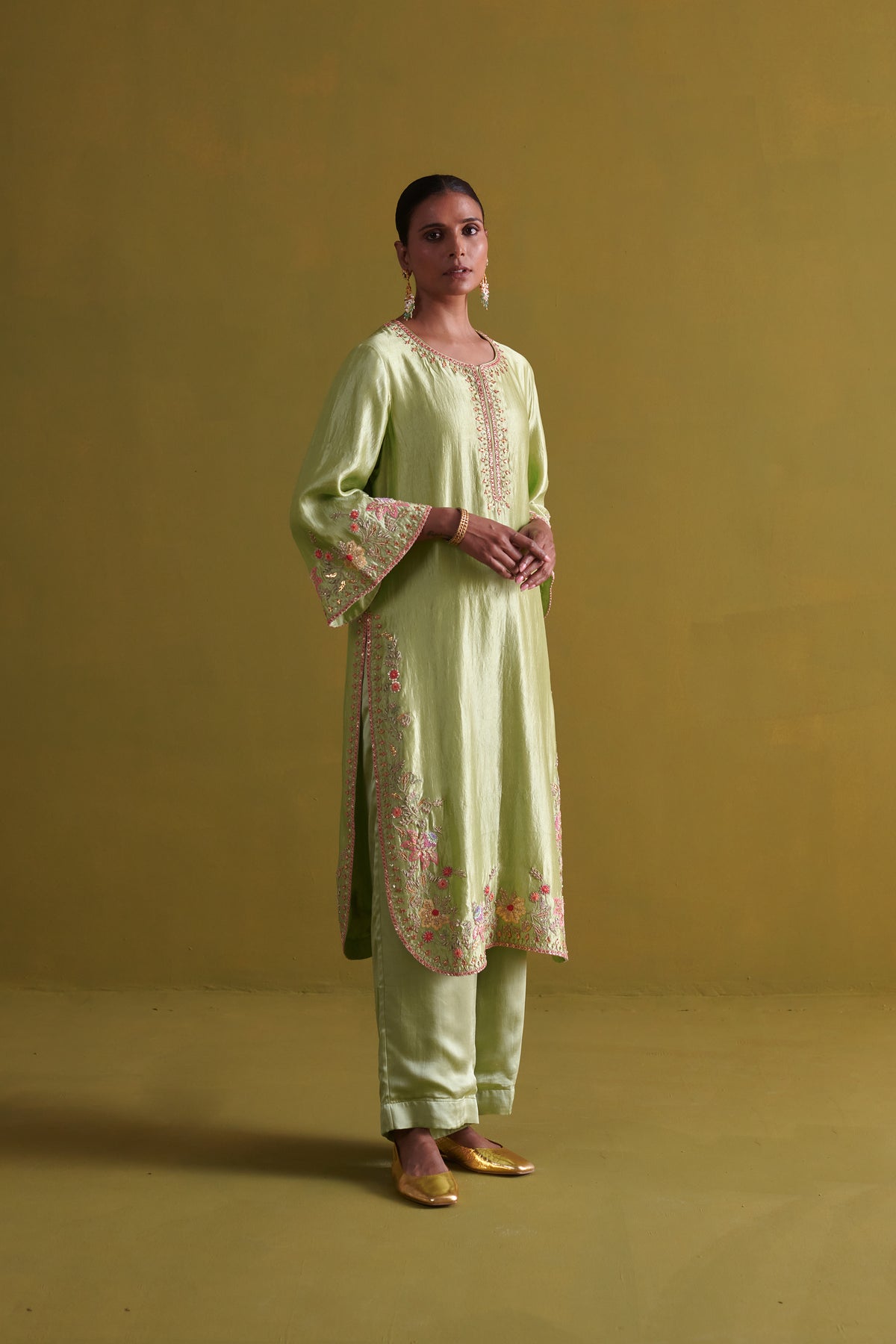Pista Green Kora Silk Kurta Set
