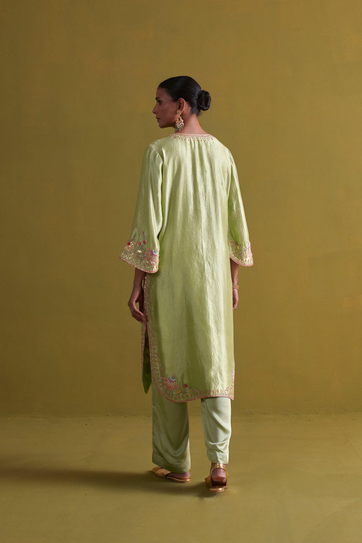 Pista Green Kora Silk Kurta Set