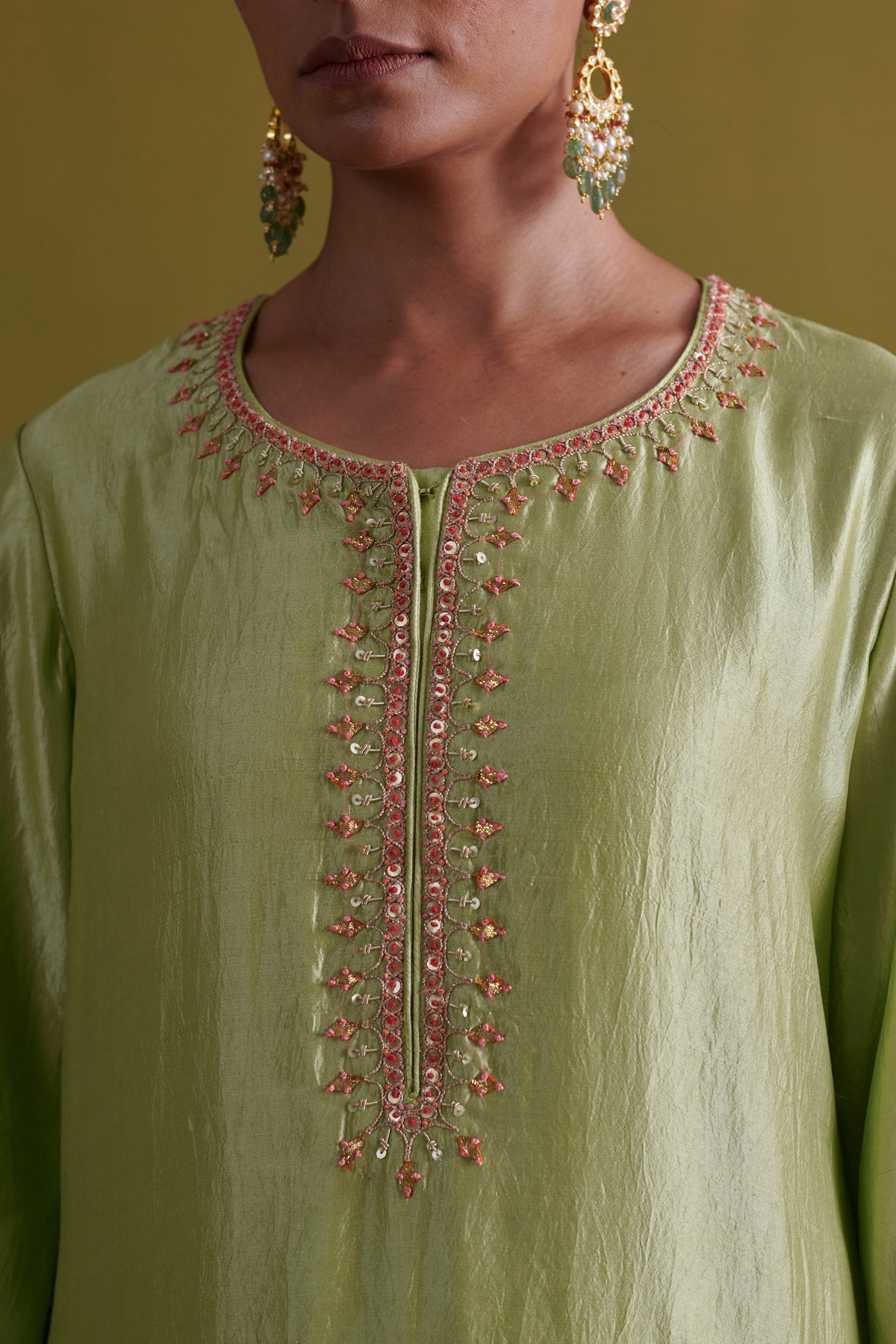 Pista Green Kora Silk Kurta Set