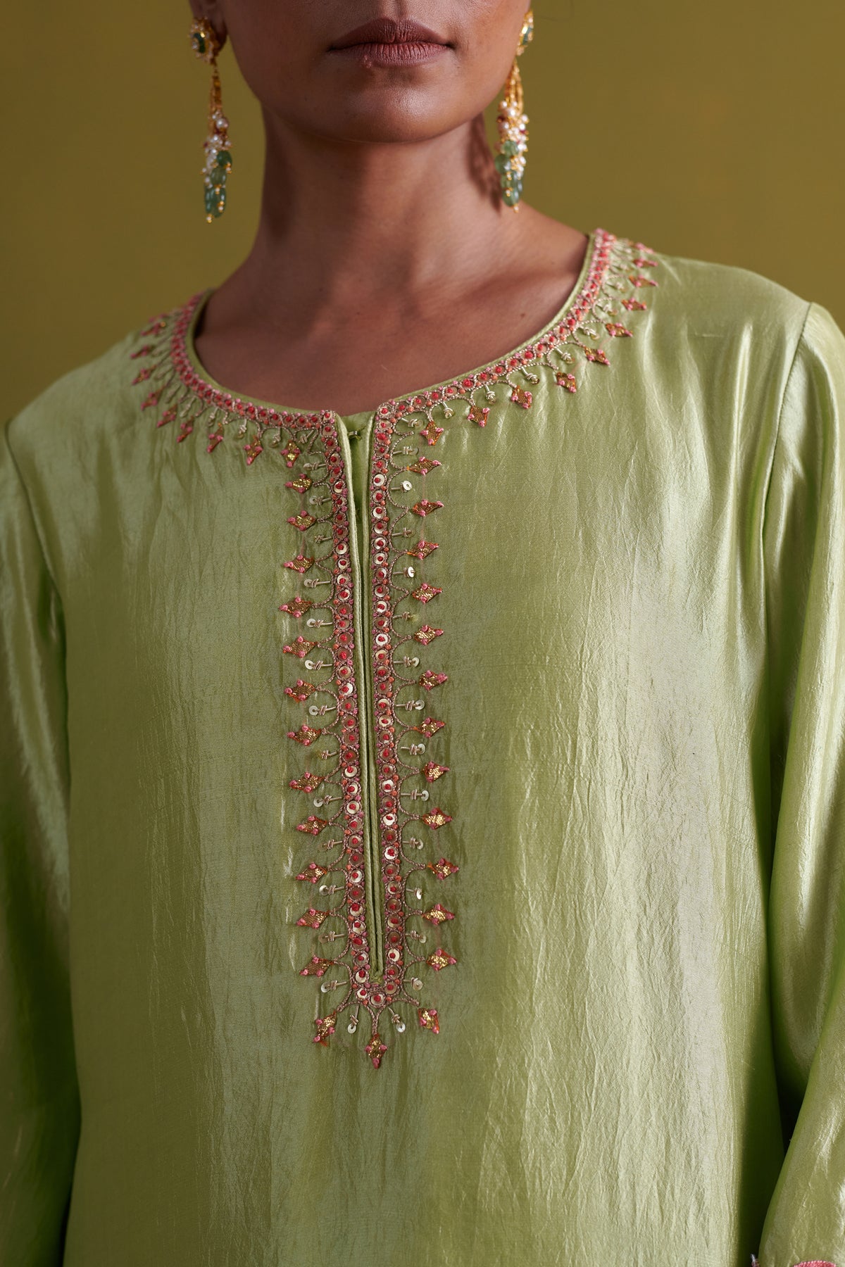 Pista Green Kora Silk Kurta Set