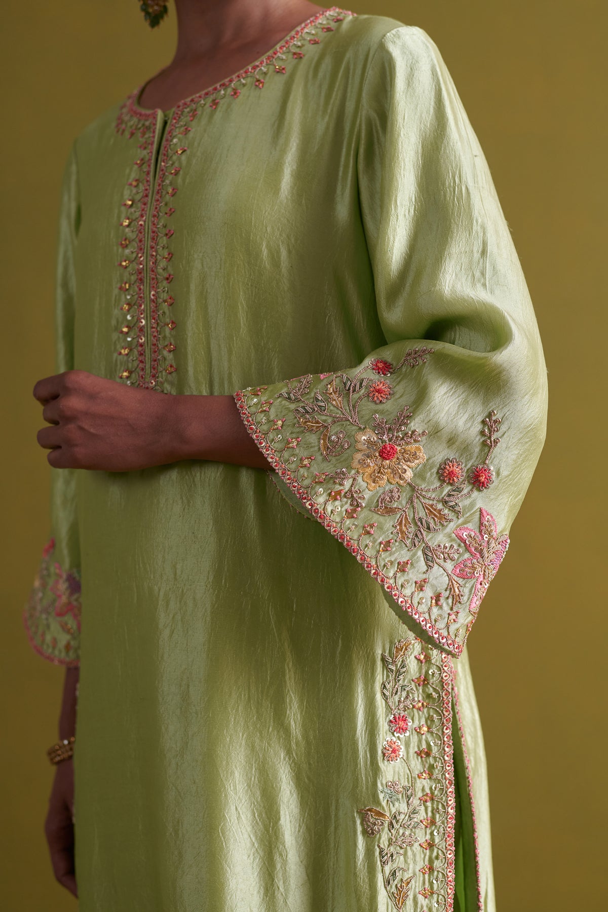Pista Green Kora Silk Kurta Set