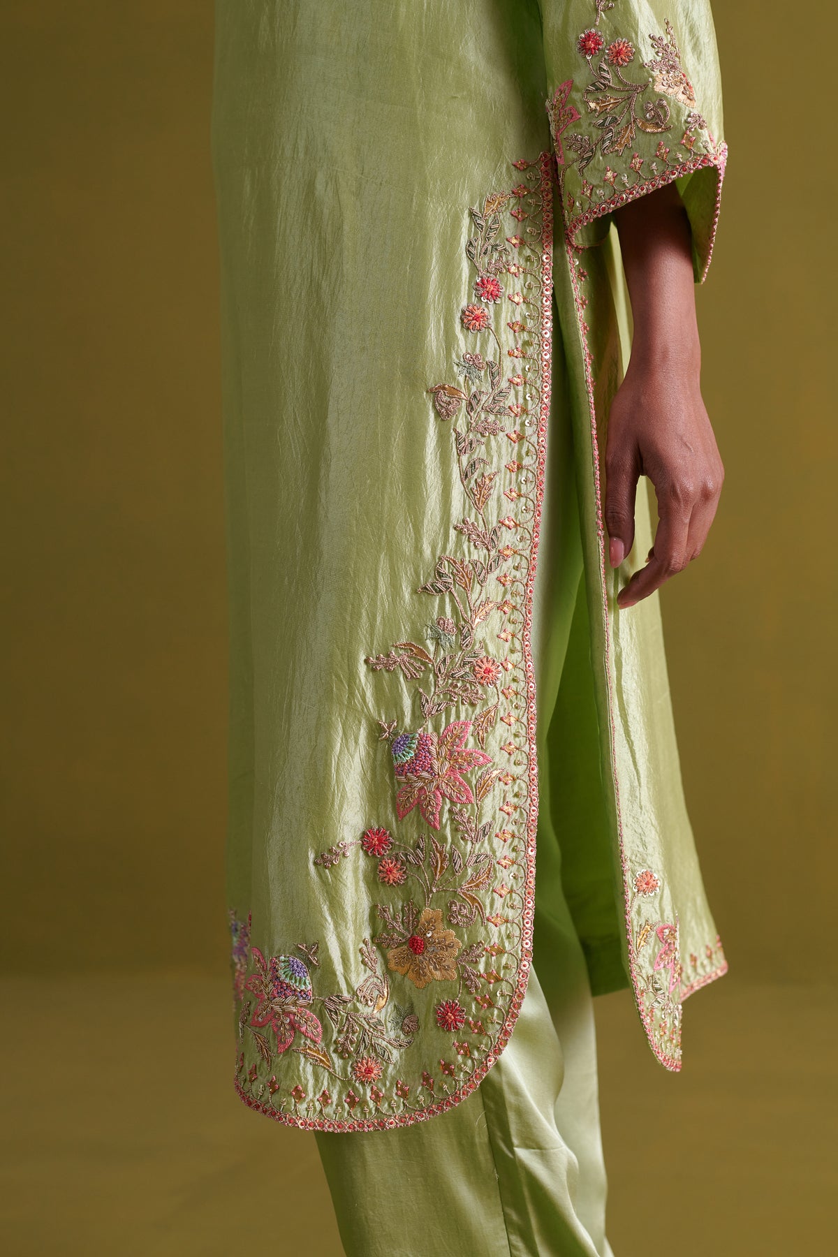 Pista Green Kora Silk Kurta Set