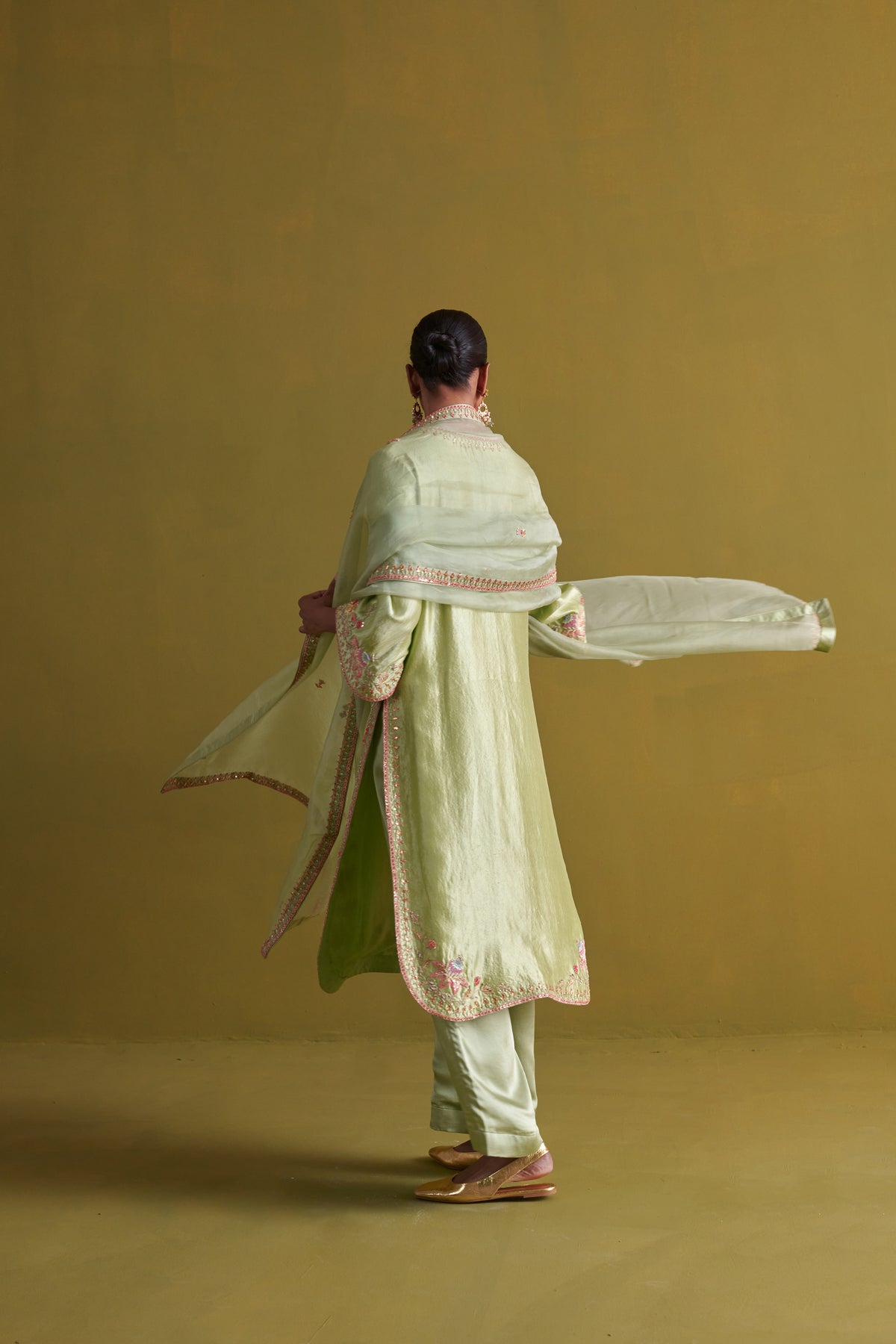 Pista Green Kora Silk Kurta Set